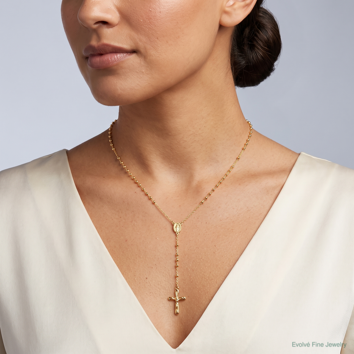 Sterling Silver Flash Gold-plated Polished Crucifix Rosary 18 inch Necklace - Model Shot