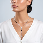 Sterling Silver Polished and Black Crystal Bead Rosary 23.5 inch Necklace - Model Shot