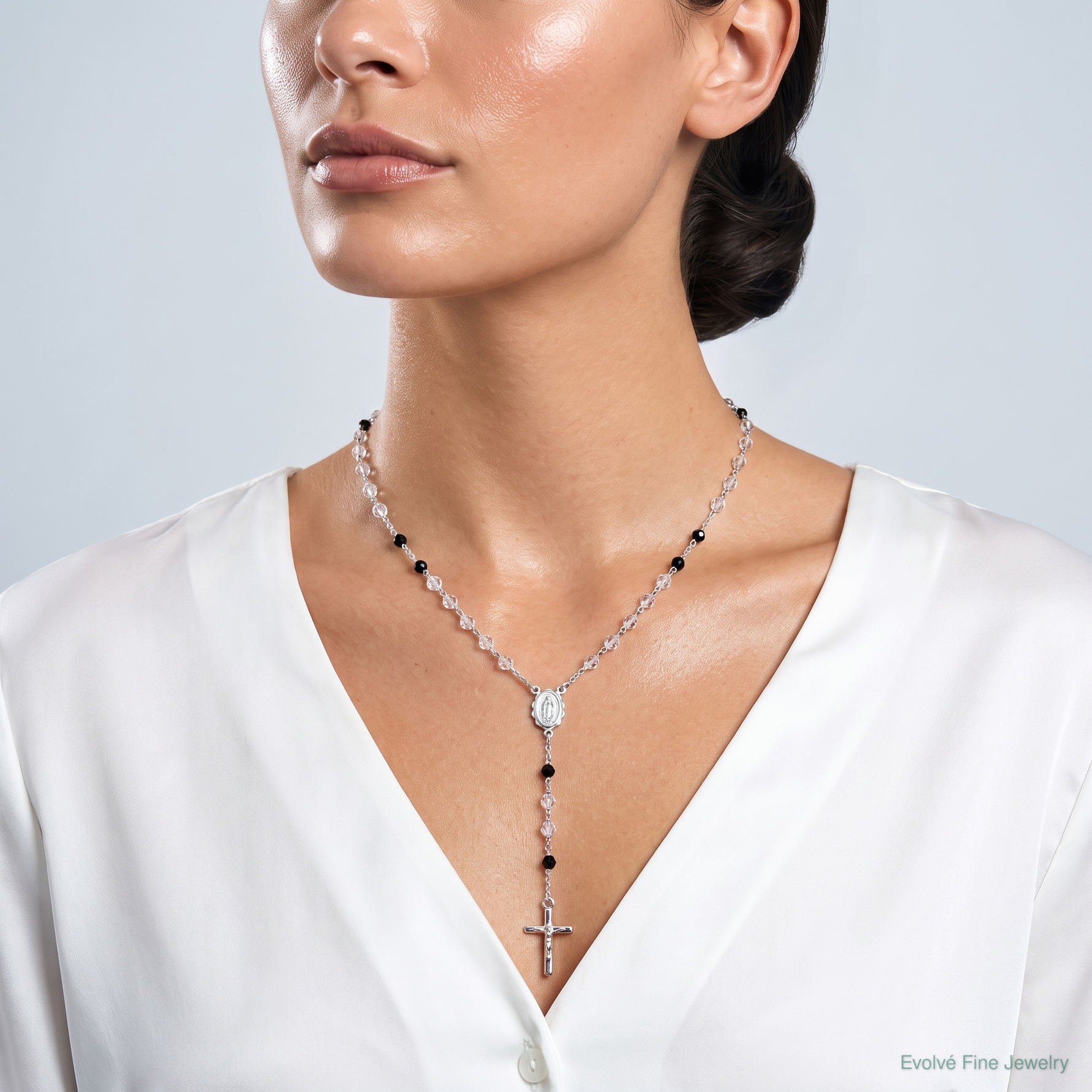 Sterling Silver Polished and Black Crystal Bead Rosary 23.5 inch Necklace - Model Shot