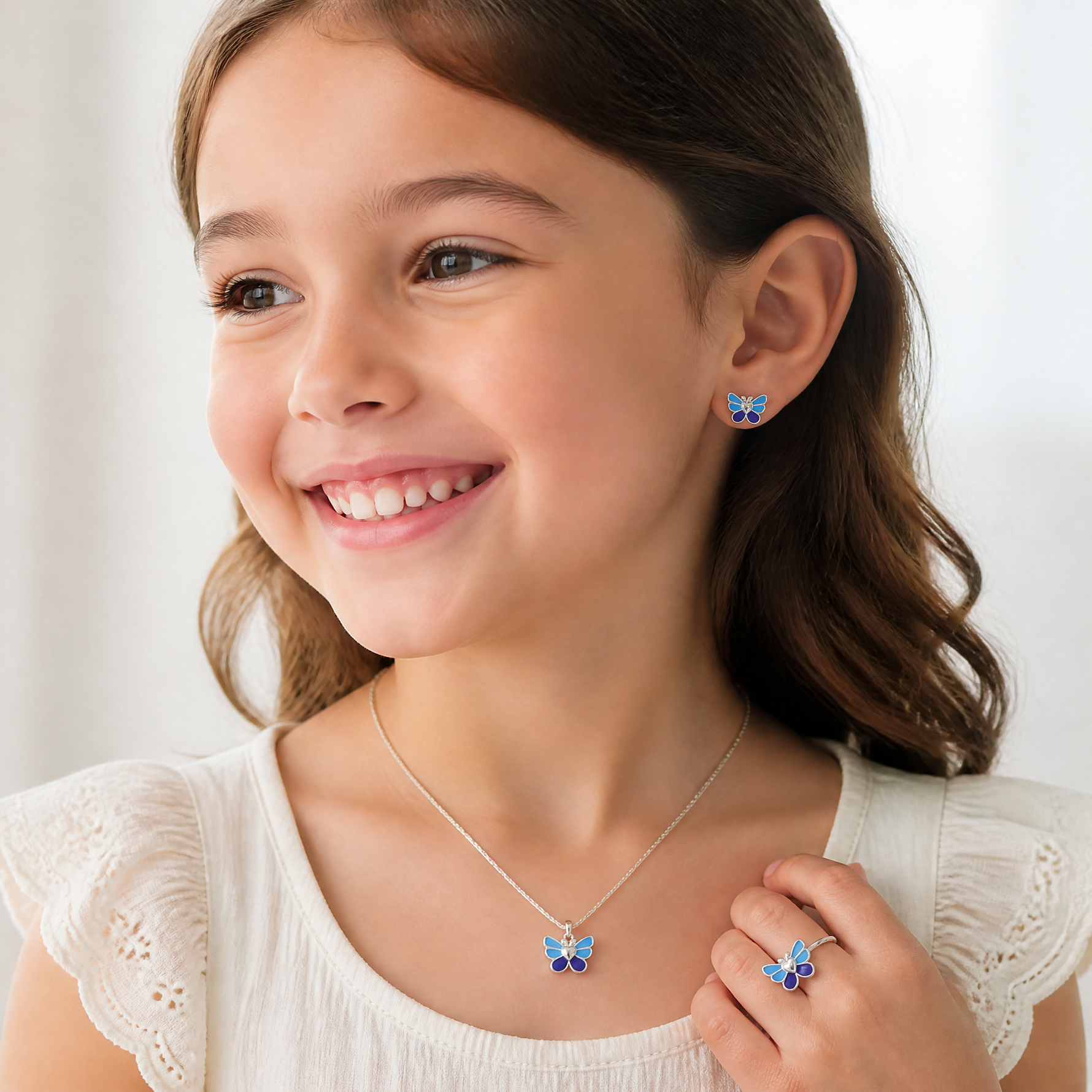Sterling Silver RH-plated Butterfly Children's Earring, Ring & Pendant Set - Model Shot