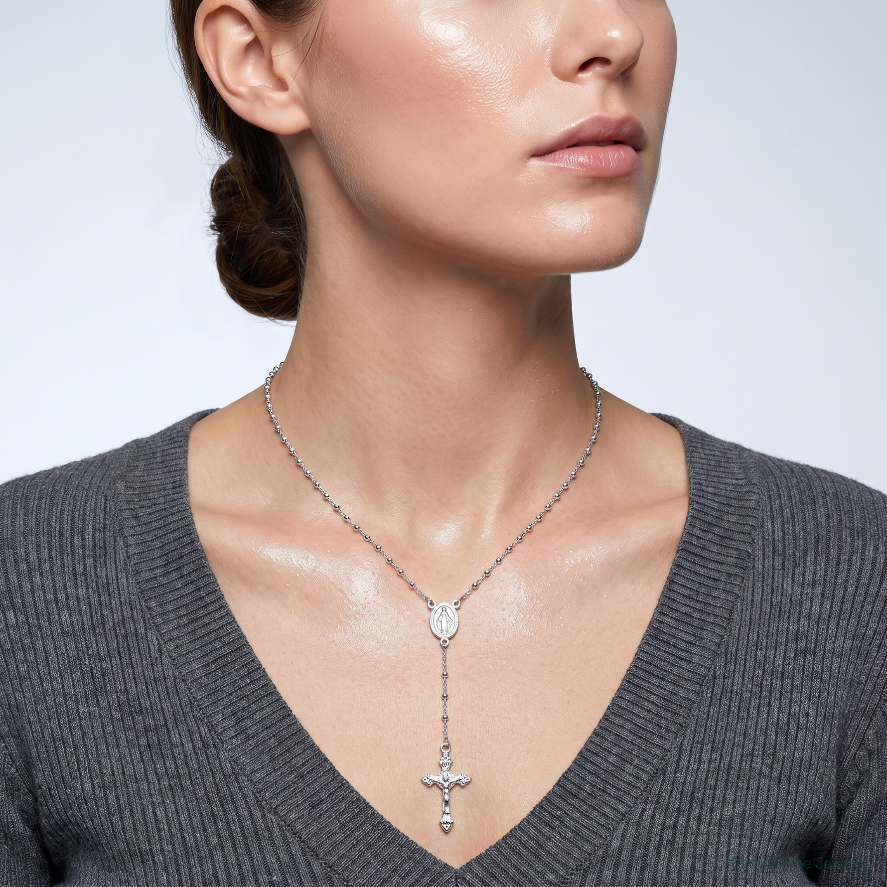 Sterling Silver Rhodium-plated Polished Beaded Rosary 24 inch Necklace - Model Shot