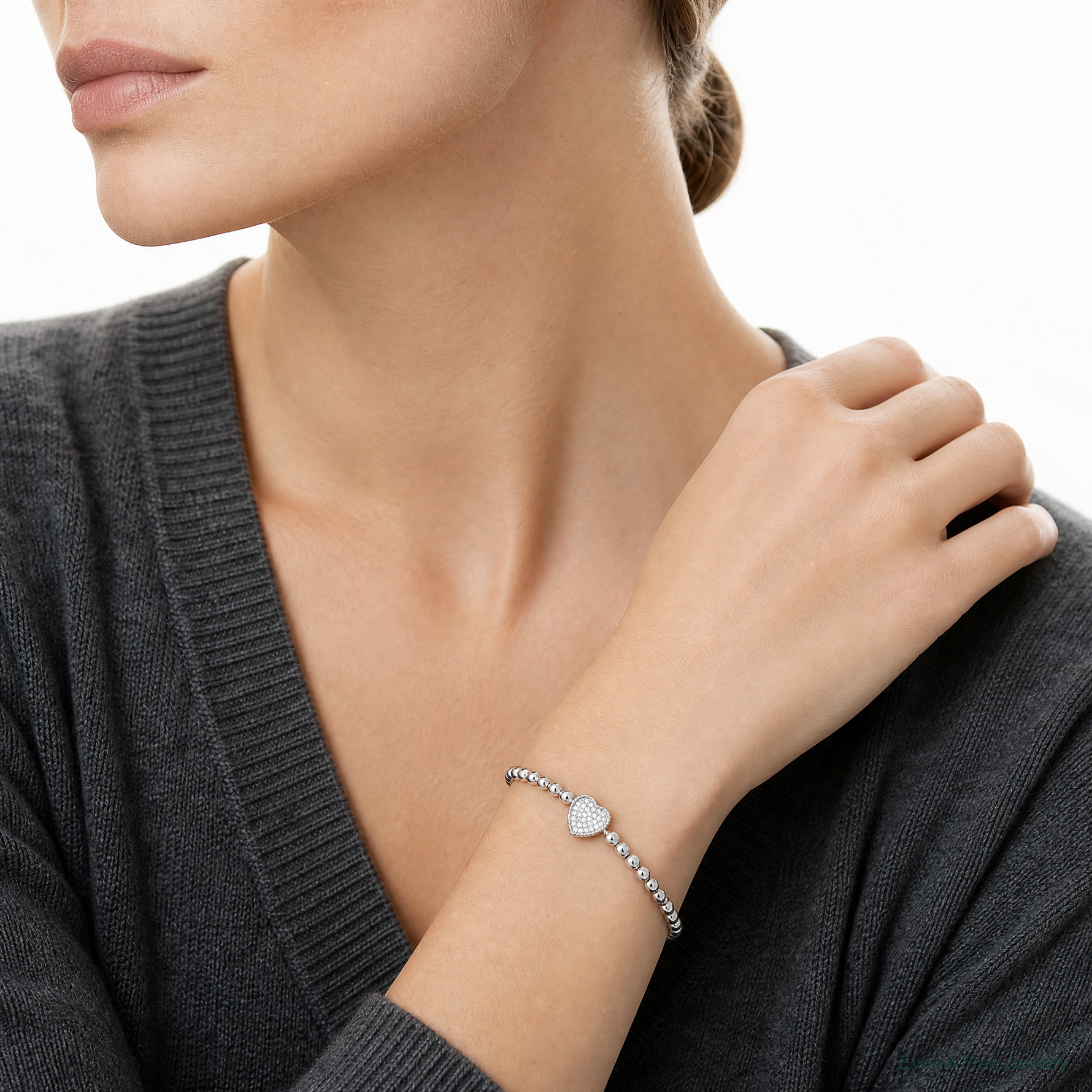 Sterling Silver Rhodium-plated Polished Beaded CZ Heart Stretch Bracelet - Model Shot