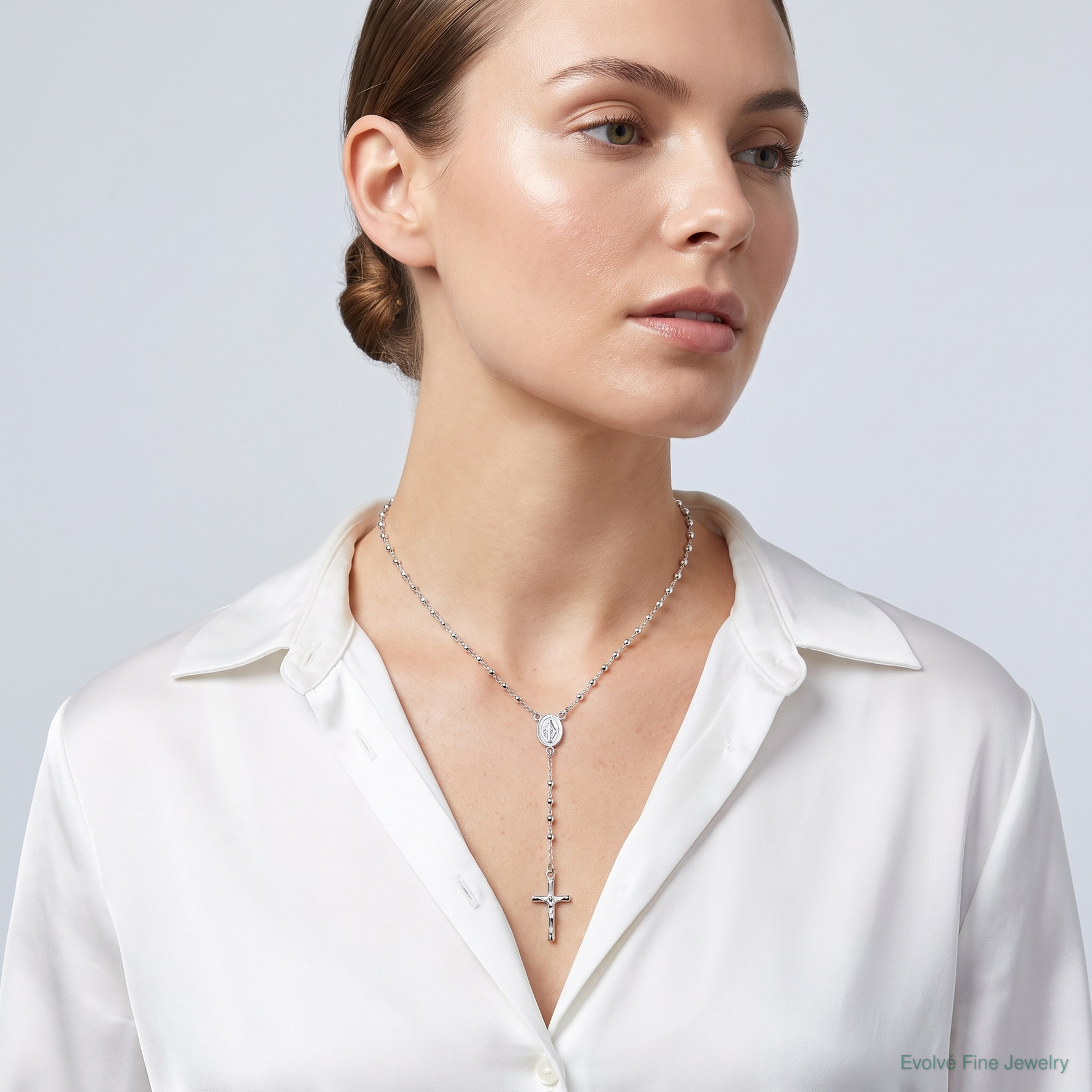 Sterling Silver Polished and Beaded Rosary Necklace - Model Shot
