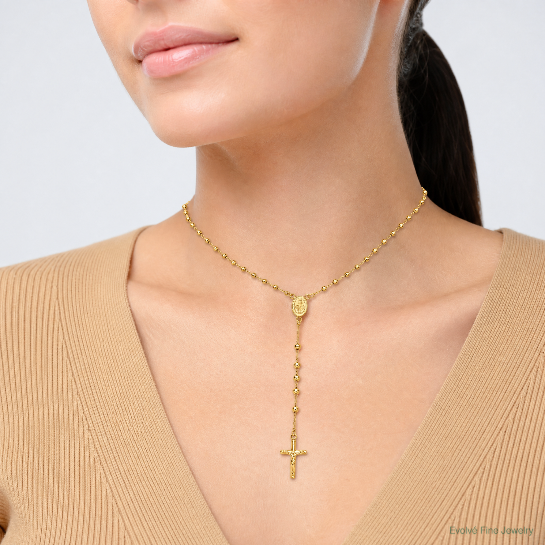 Sterling Silver Gold-tone Polished and Beaded Rosary Necklace - Model Shot