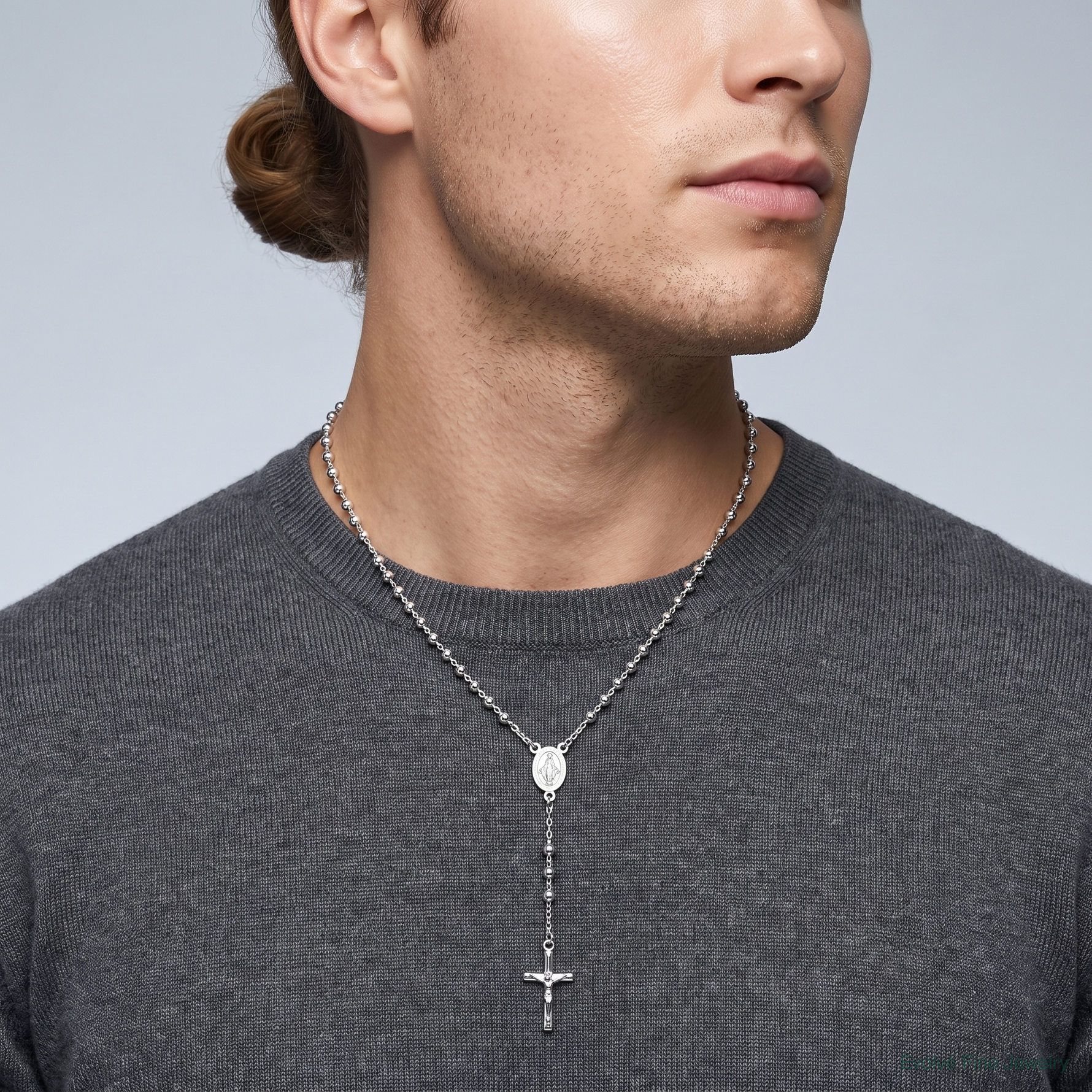 Sterling Silver Polished and Beaded Rosary Necklace - Model Shot