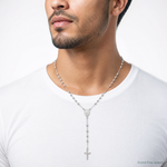 Sterling Silver Polished and Beaded Rosary Necklace - Model Shot