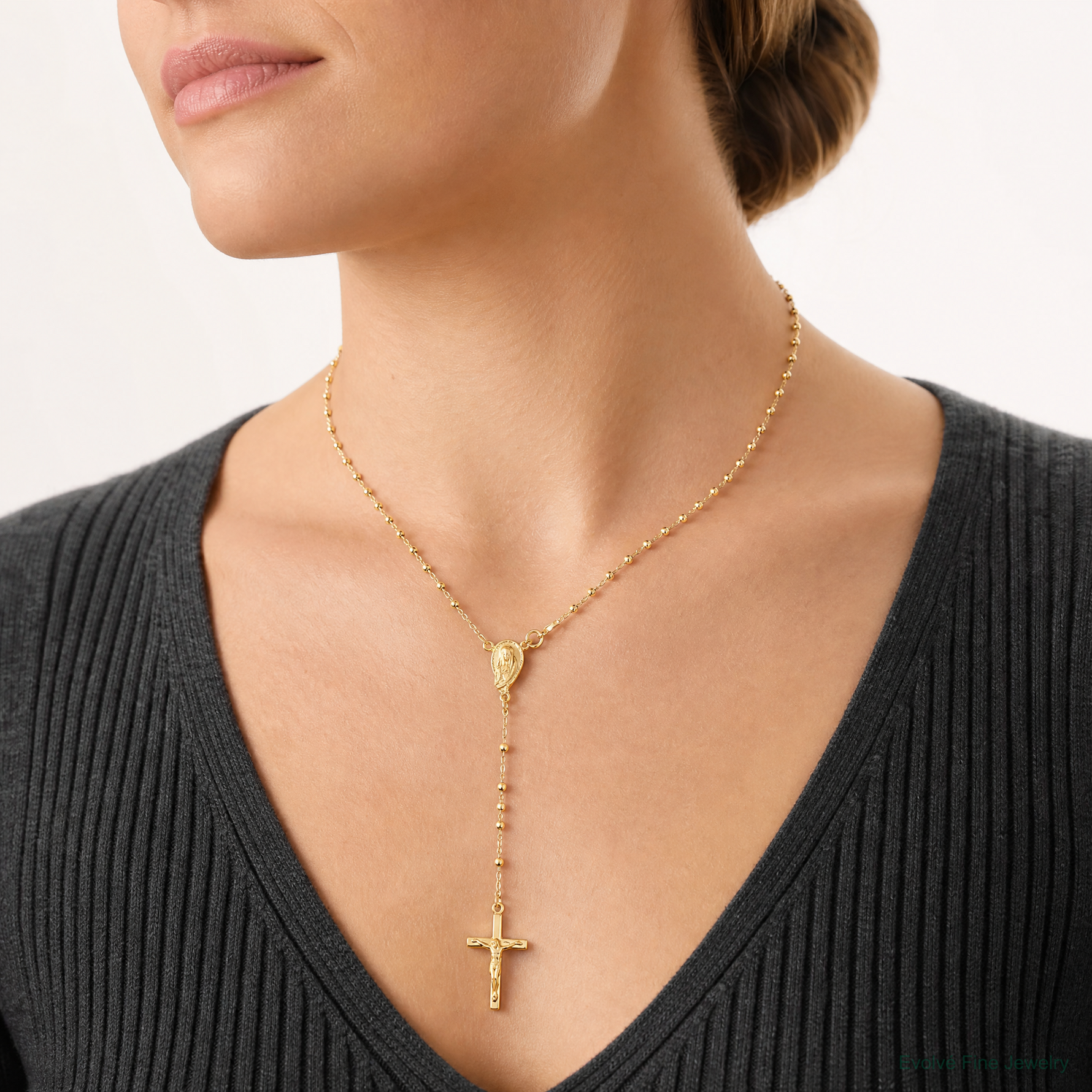 Sterling Silver Gold-plated Polished Bead Rosary 18 inch Necklace - Model Shot