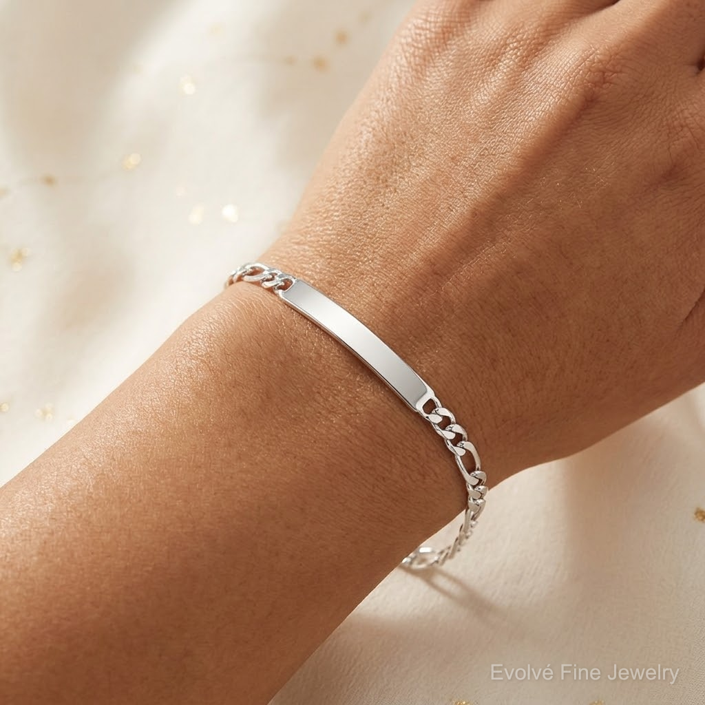 Sterling Silver 7inch Engraveable Figaro Link ID Bracelet - Model Shot