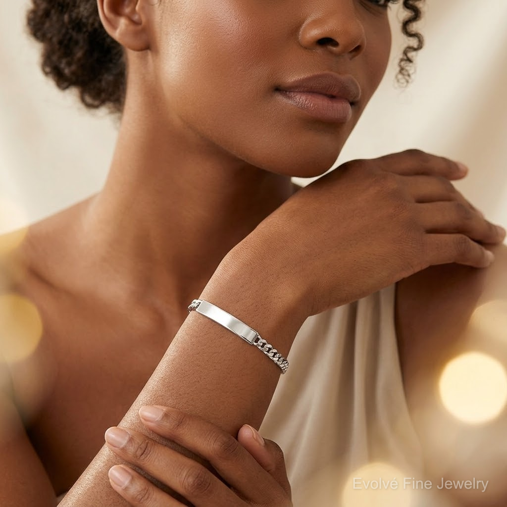 Sterling Silver Polished Engraveable Curb Link ID Bracelet - Model Shot