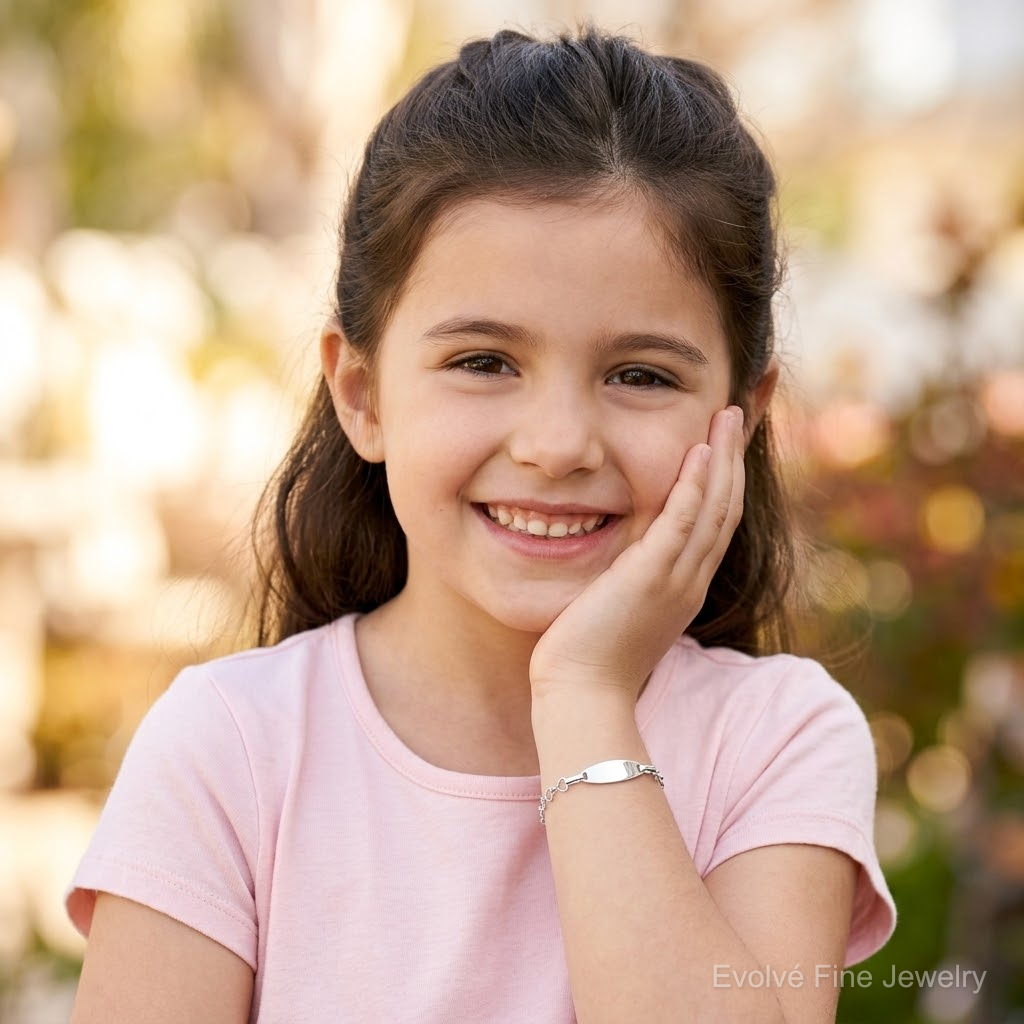 Sterling Silver Polished Engraveable Children's ID Heart Link Bracelet - Model Shot