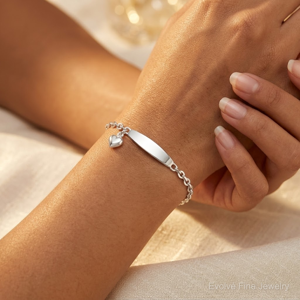 Sterling Silver Polished Rolo Link ID Heart Dangle Bracelet - Model Shot