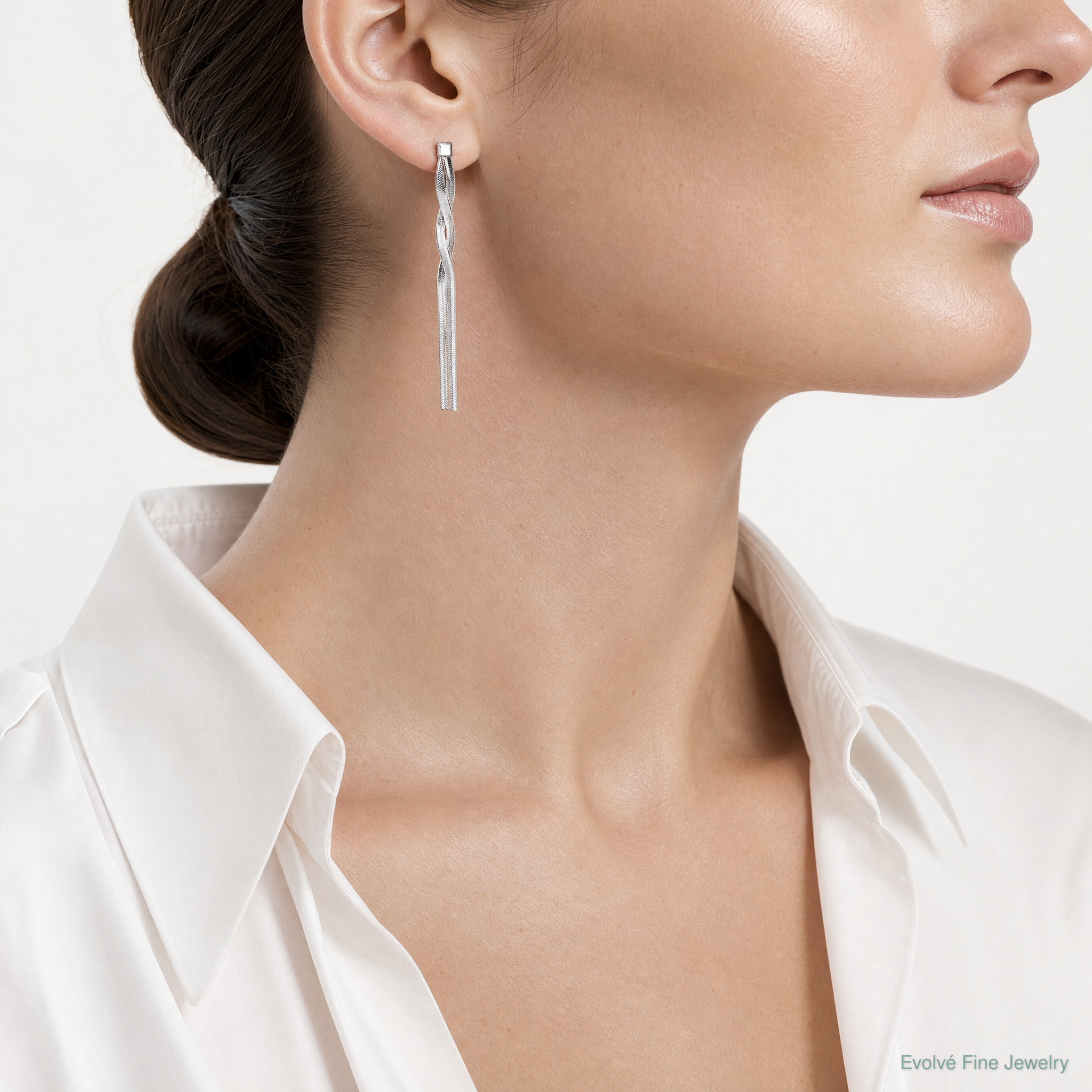 Leslie's Sterling Silver Rh-Plat Herringbone 2-strand Dangle Post Earrings - Model Shot