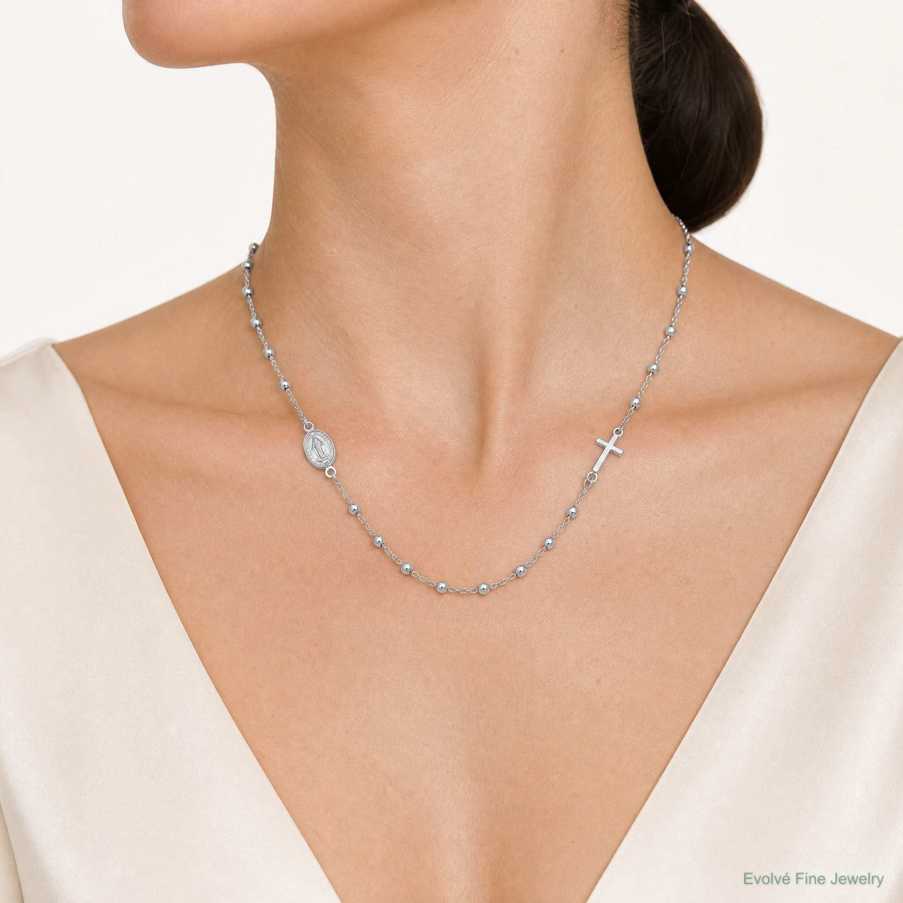 Leslie's Sterling Silver Rhod-pl Cross and Miraculous Medal Necklace - Model Shot