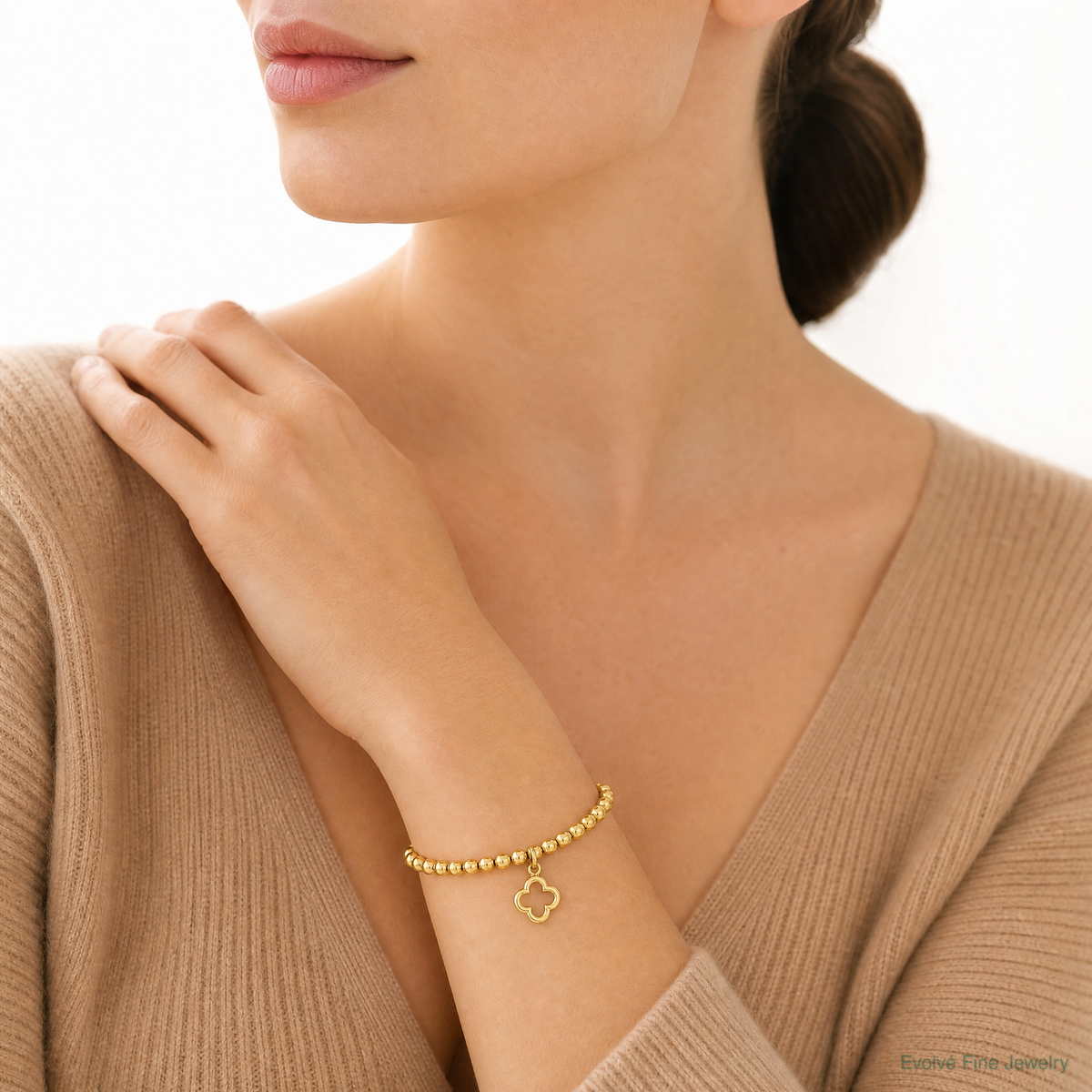 Leslie's Sterling Silver Gold-tone Polished Beads w/Charm Stretch Bracelet - Model Shot