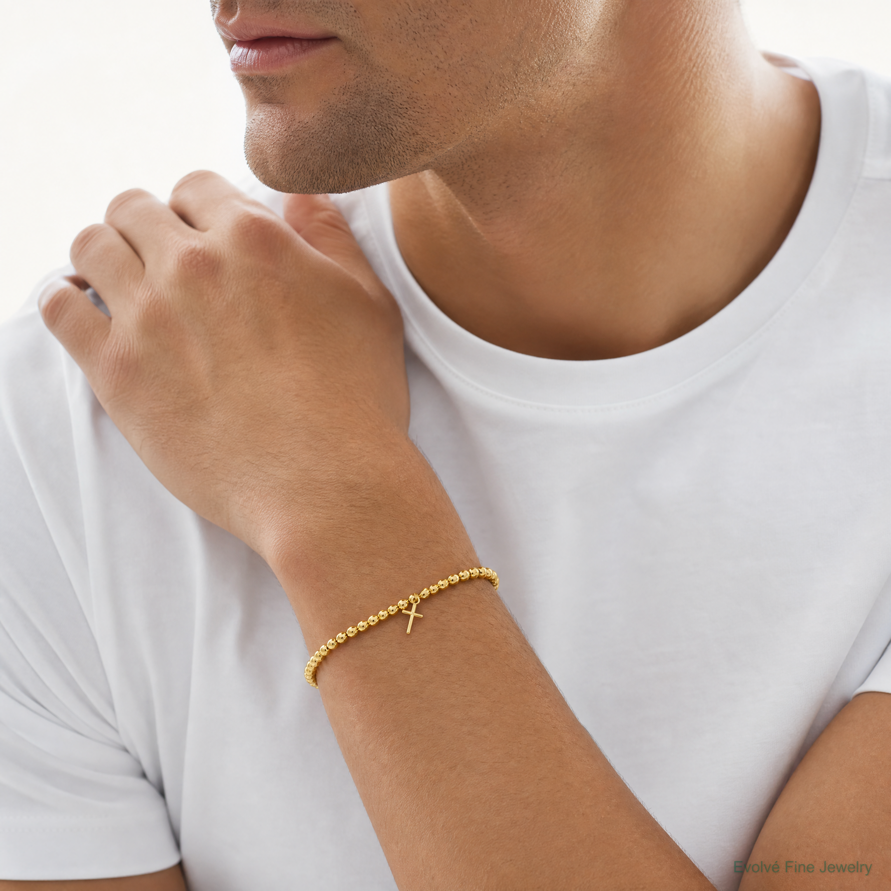 Leslie's Sterling Silver Gold-tone Pol. Cross Beaded Stretch Bracelet - Model Shot