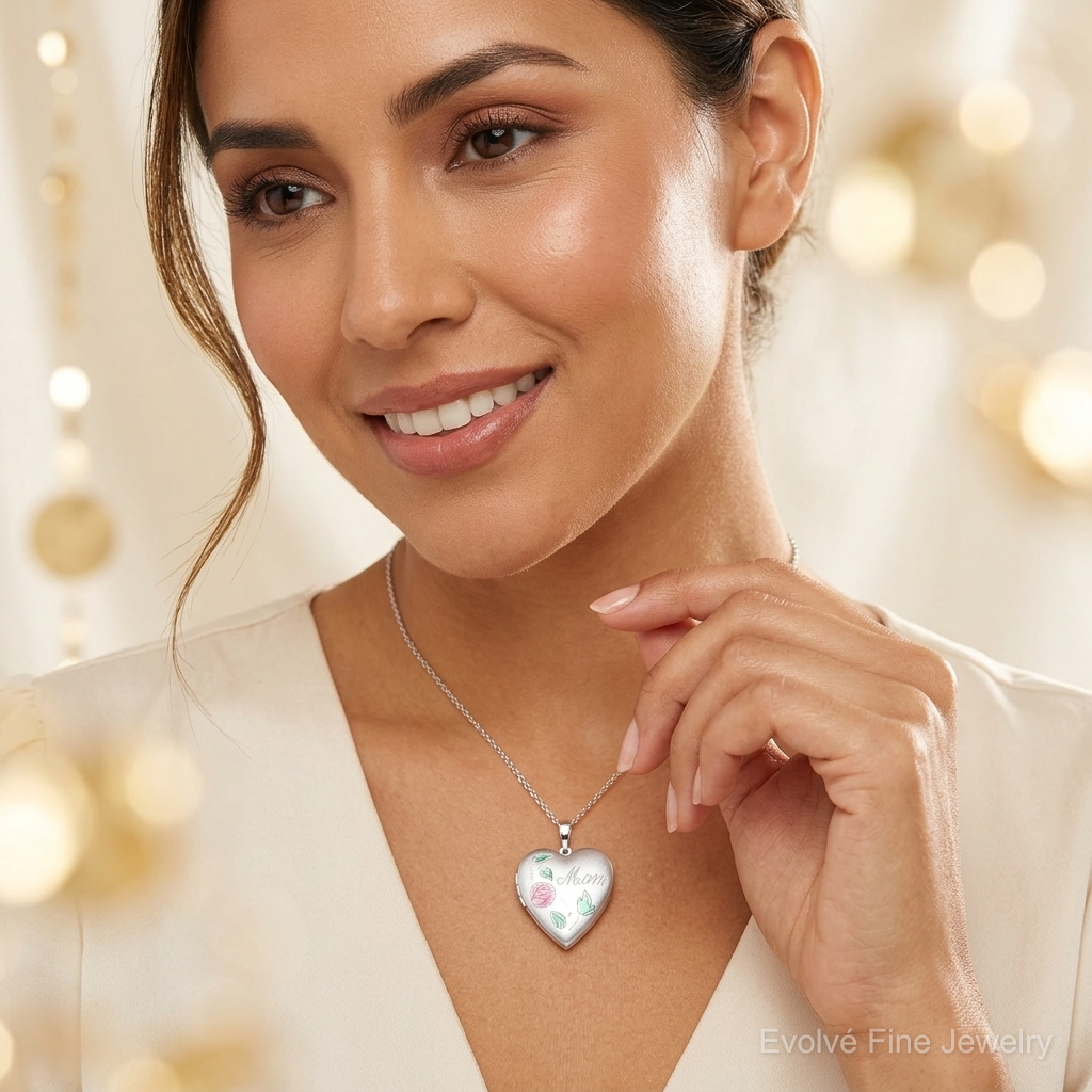 Sterling Silver Rhodium-plated Enameled Flower w/ Mom 20mm Heart Locket - Model Shot