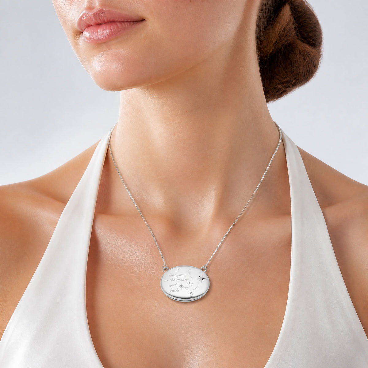 SS RH-pl 20mm Oval Love You To The Moon.. Locket w/2 in ext. Necklace - Model Shot