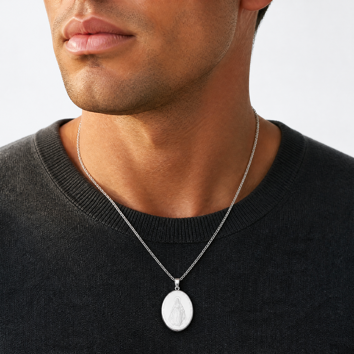 SS RH-pl Brushed And Polished Miraculous Medal 20mm Oval Locket - Model Shot