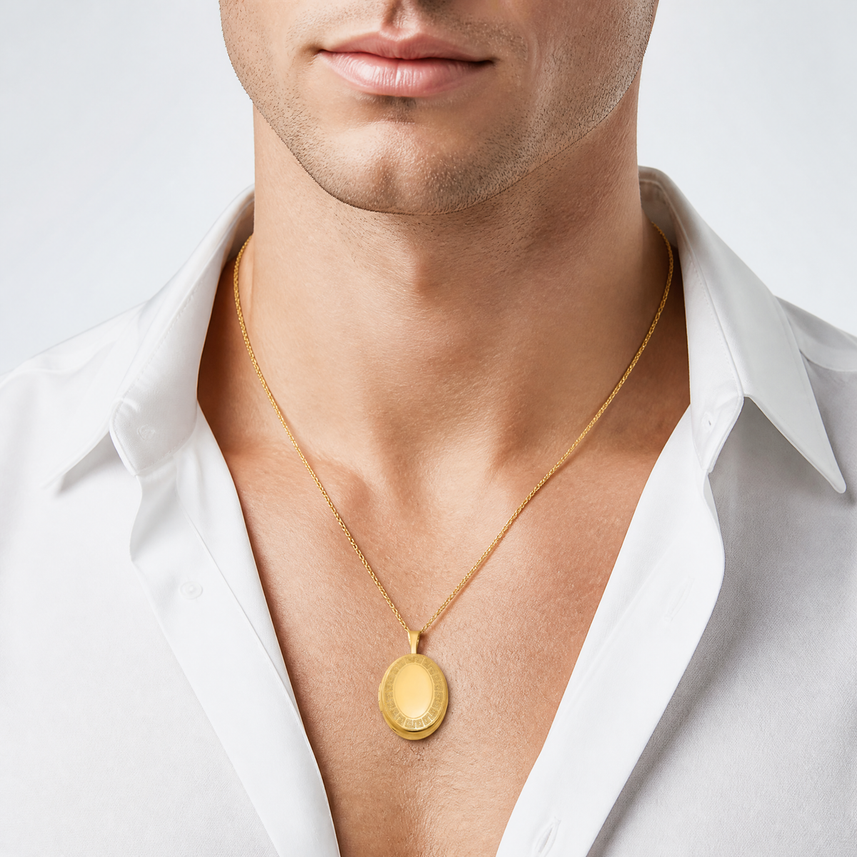 SS Gold-plated Brushed And Polished Greek Key 19mm Oval Locket - Model Shot