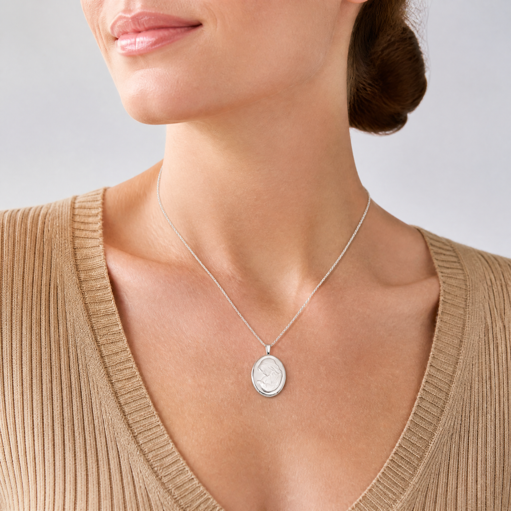 Sterling Silver Rhodium-plated 26mm Mother and Baby Oval Locket - Model Shot