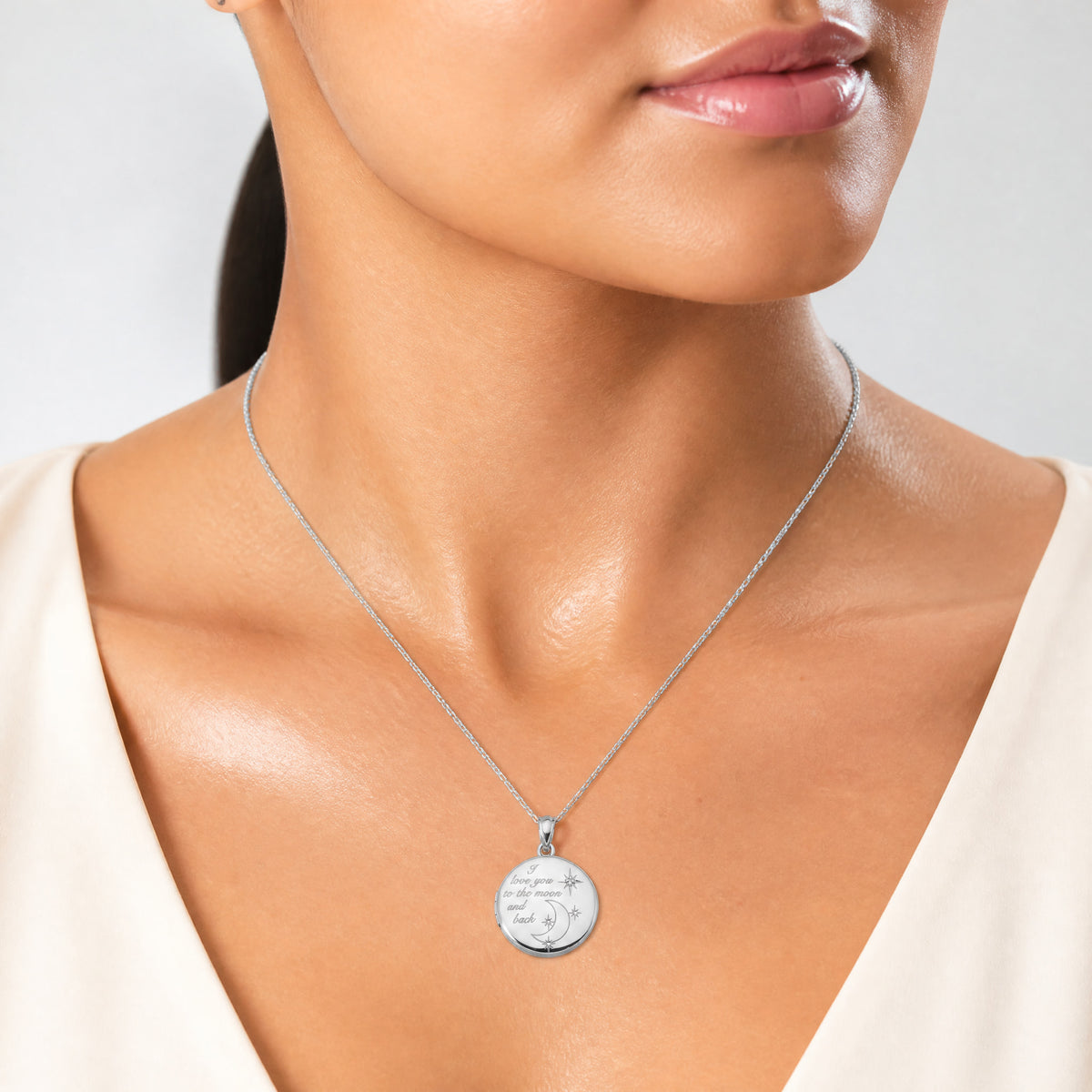 Sterling Silver Rh-pltd 20mm Diamond LOVE TO THE MOON Round Locket - Model Shot