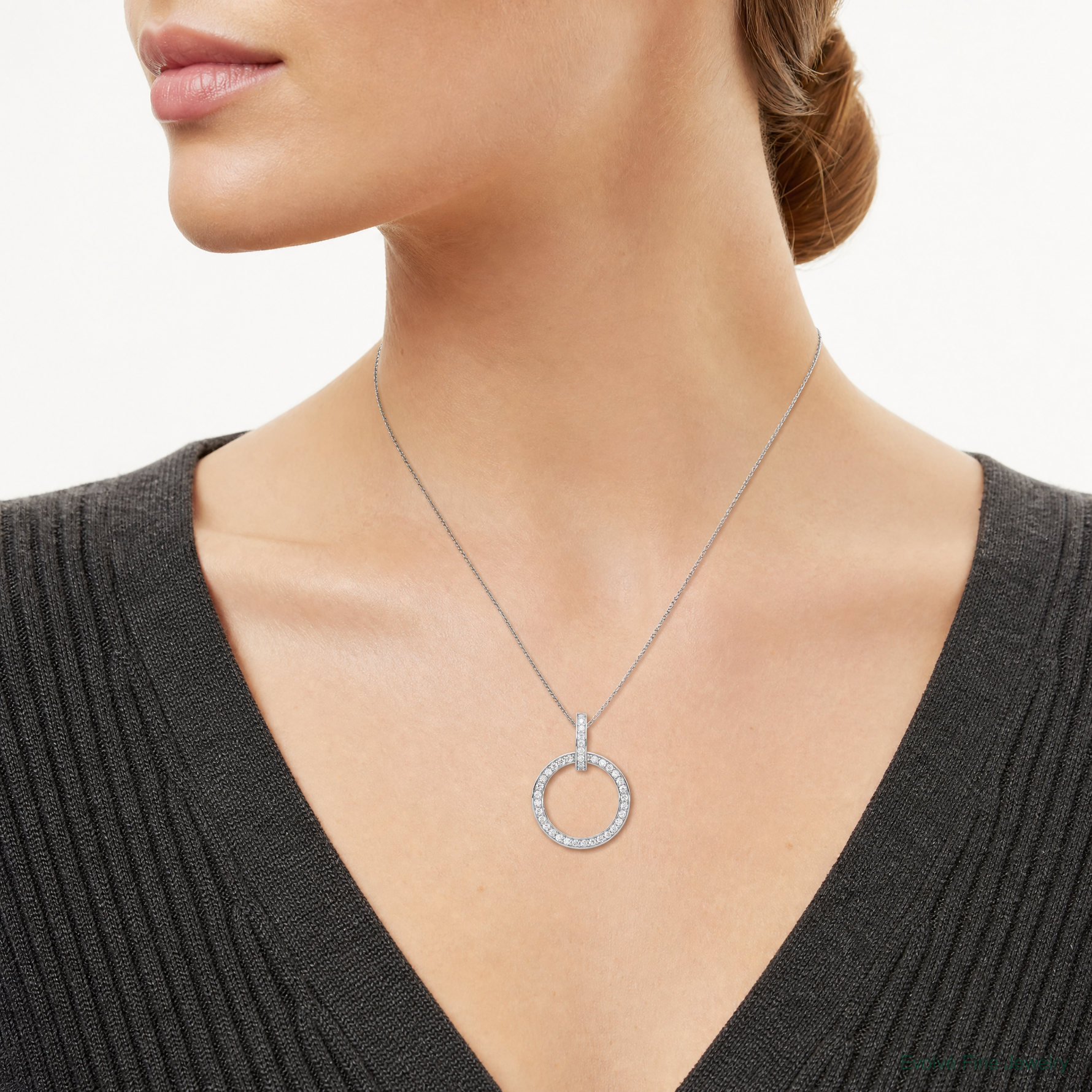 Sterling Silver Rhodium-plated CZ Circle Pendant - Model Shot