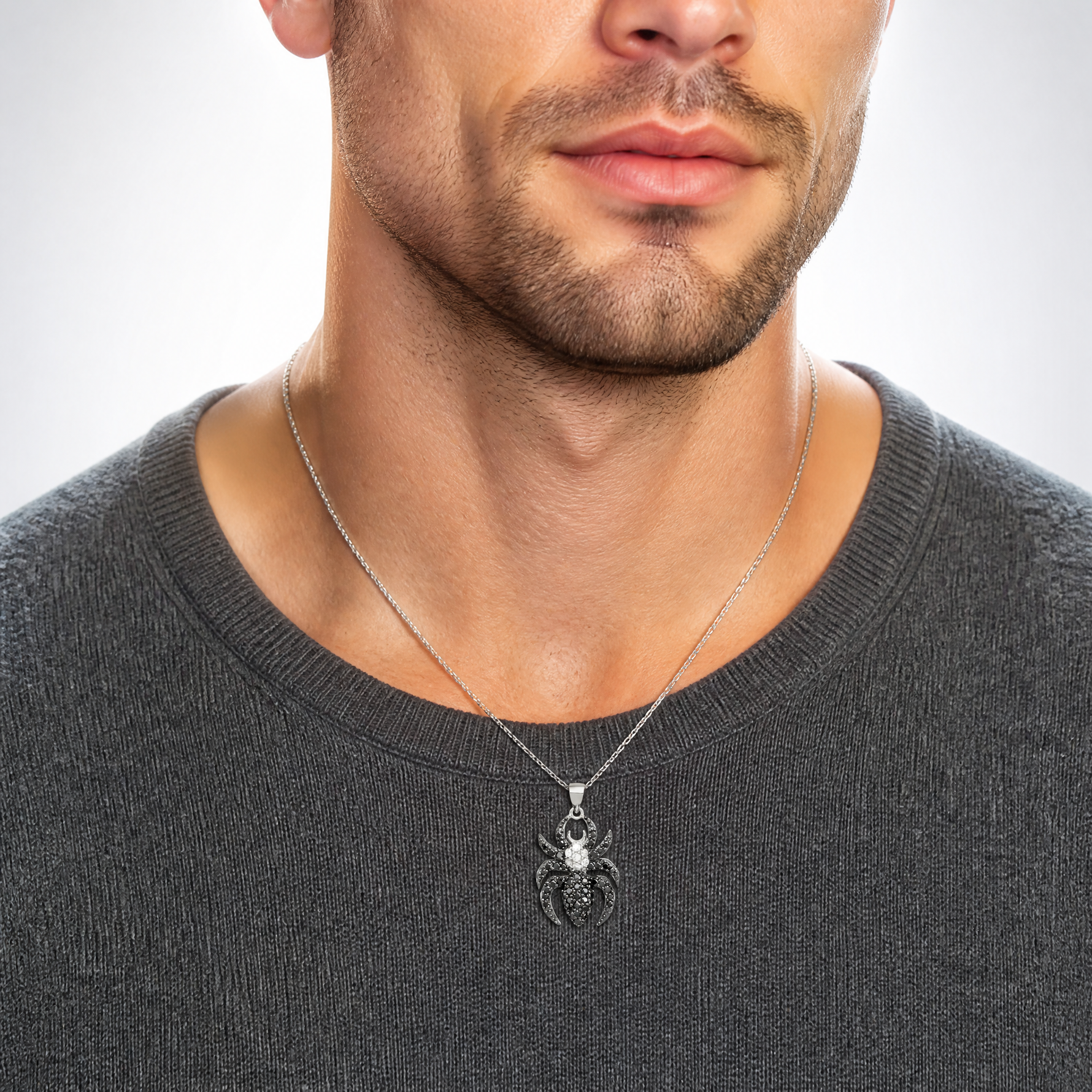 Sterling Silver Rhodium-plated Black and White CZ Spider Pendant - Model Shot