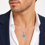 Sterling Silver Rhodium-plated Blue Inlay Created Opal Peace Sign Pendant - Model Shot