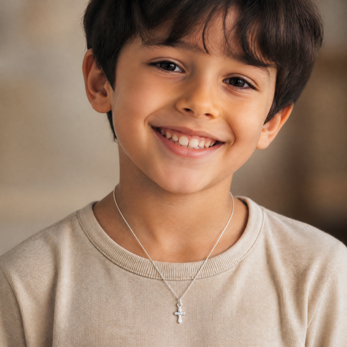 Sterling Silver RH-pltd Child's Apr Clear Preciosca Crystal Cross Pendant - Model Shot