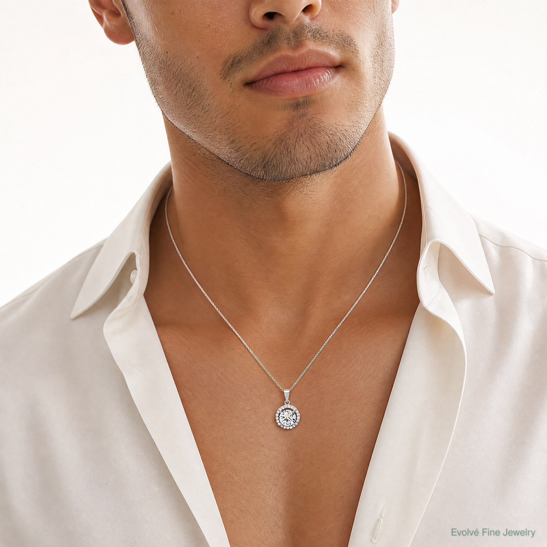 Sterling Silver Rhodium-plated Polished CZ Halo Pendant - Model Shot