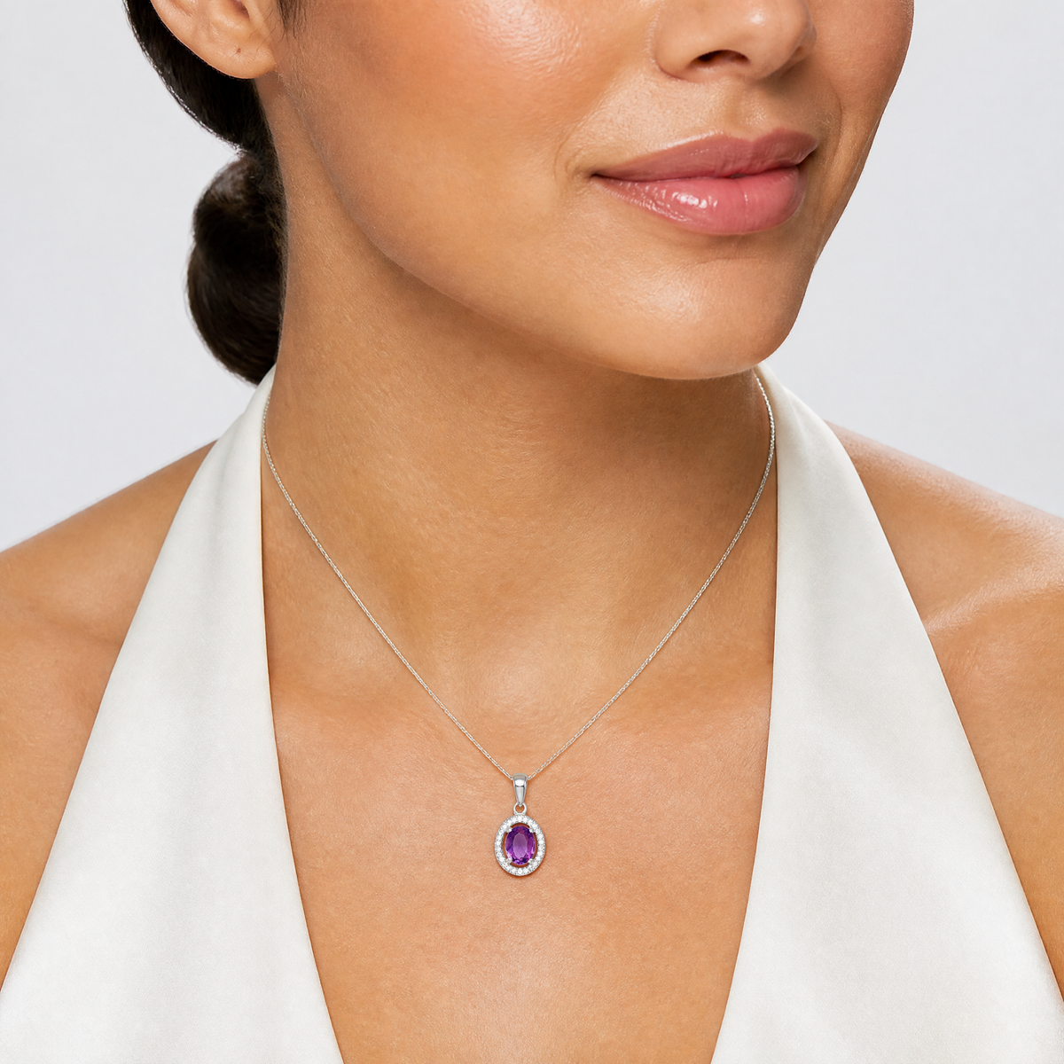 Sterling Silver Rhodium-plated Polished Amethyst and CZ Pendant - Model Shot