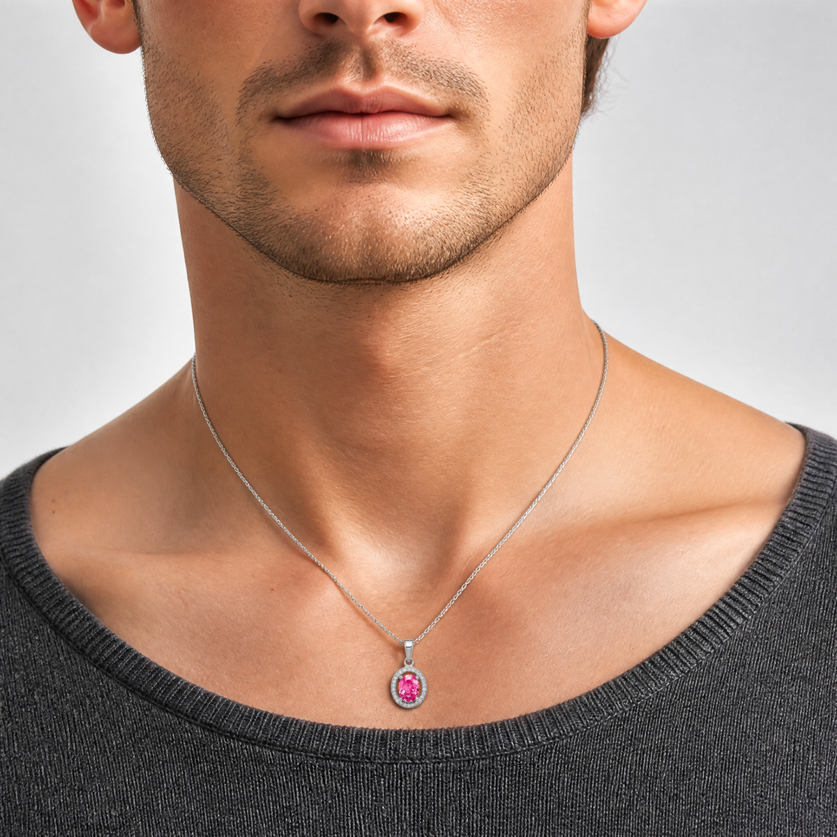 Sterling Silver Rhod-plated Pink and White CZ Oval Pendant - Model Shot