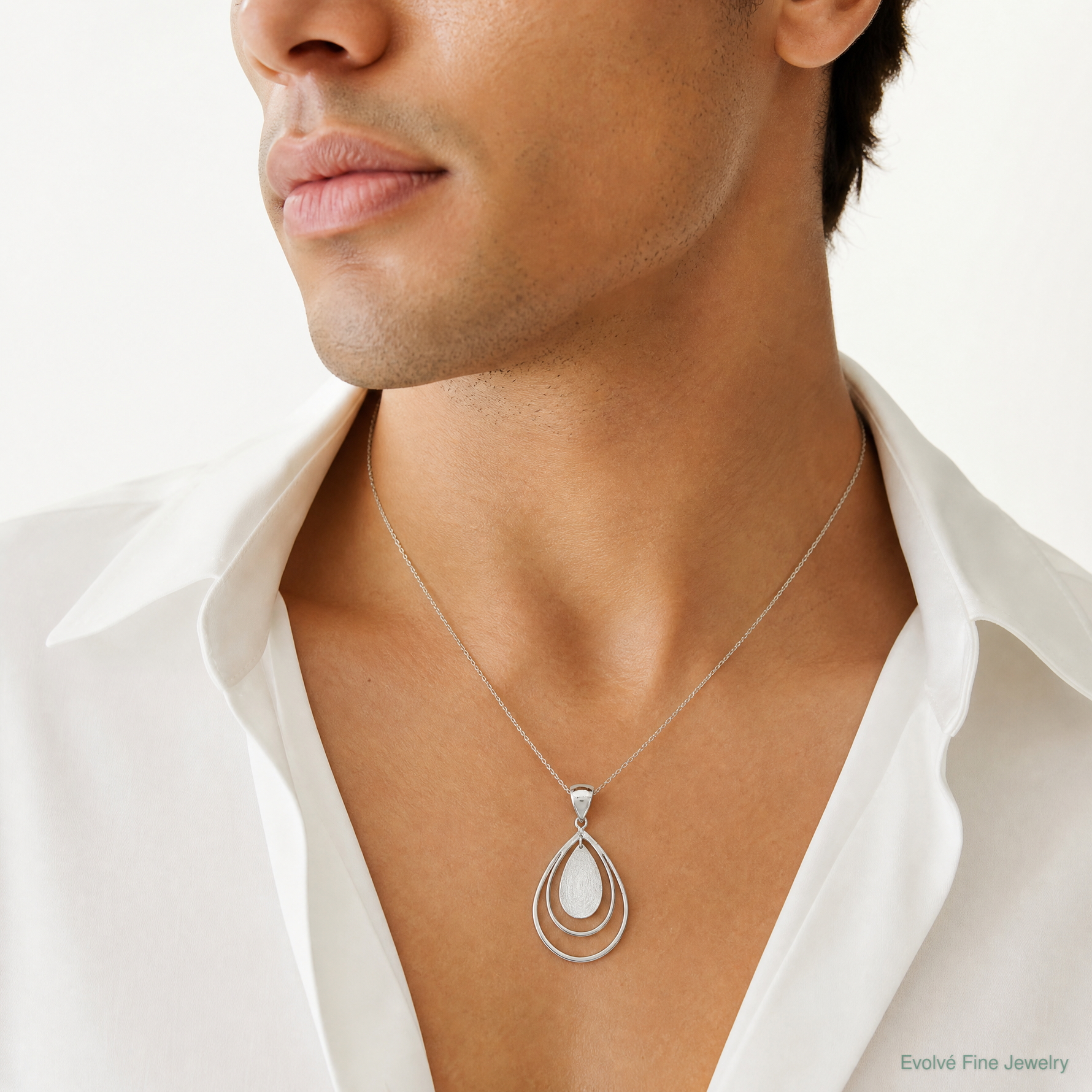Sterling Silver Polished & Textured Teardrop Pendant - Model Shot