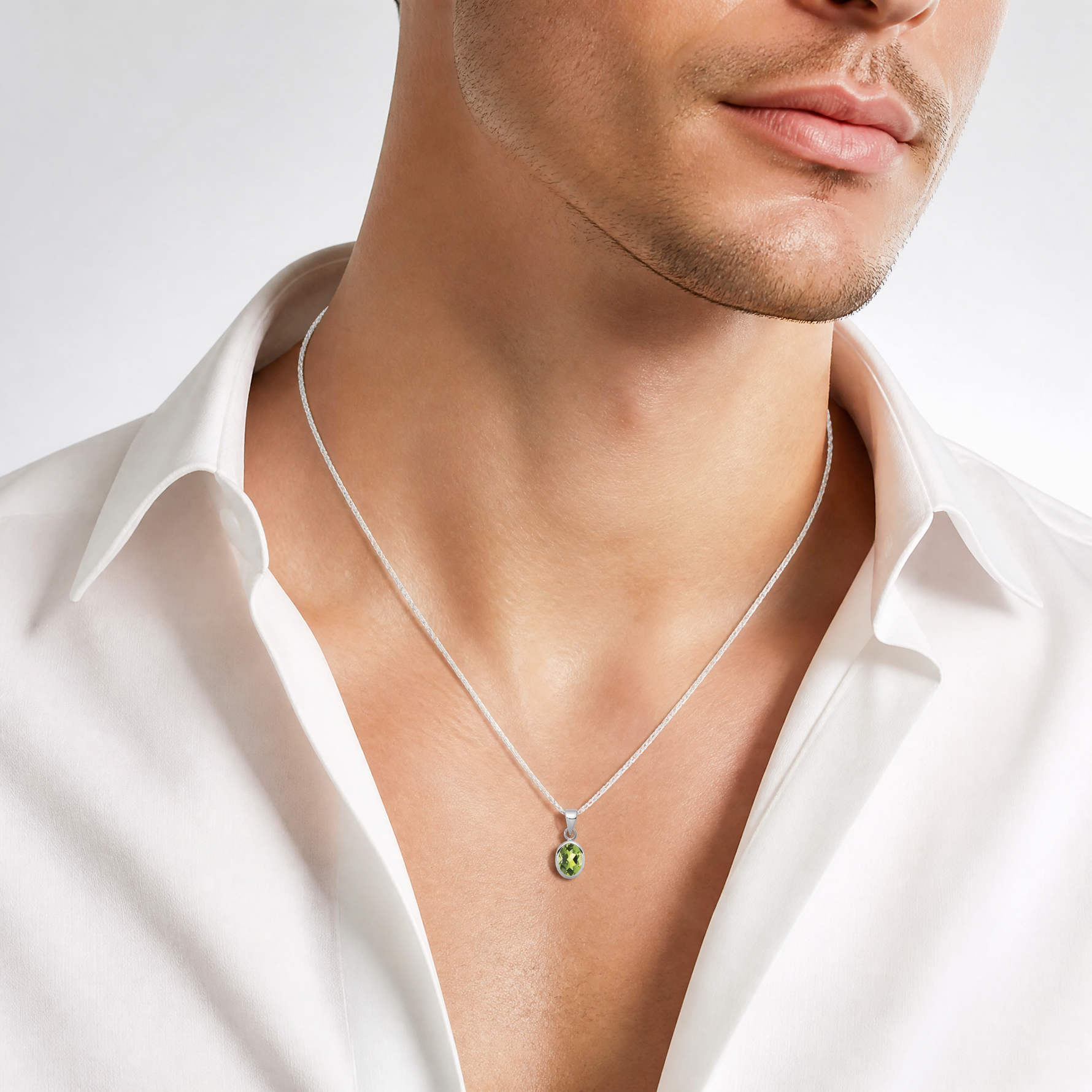 Sterling Silver Rhodium-plated Polished Peridot Oval Pendant - Model Shot