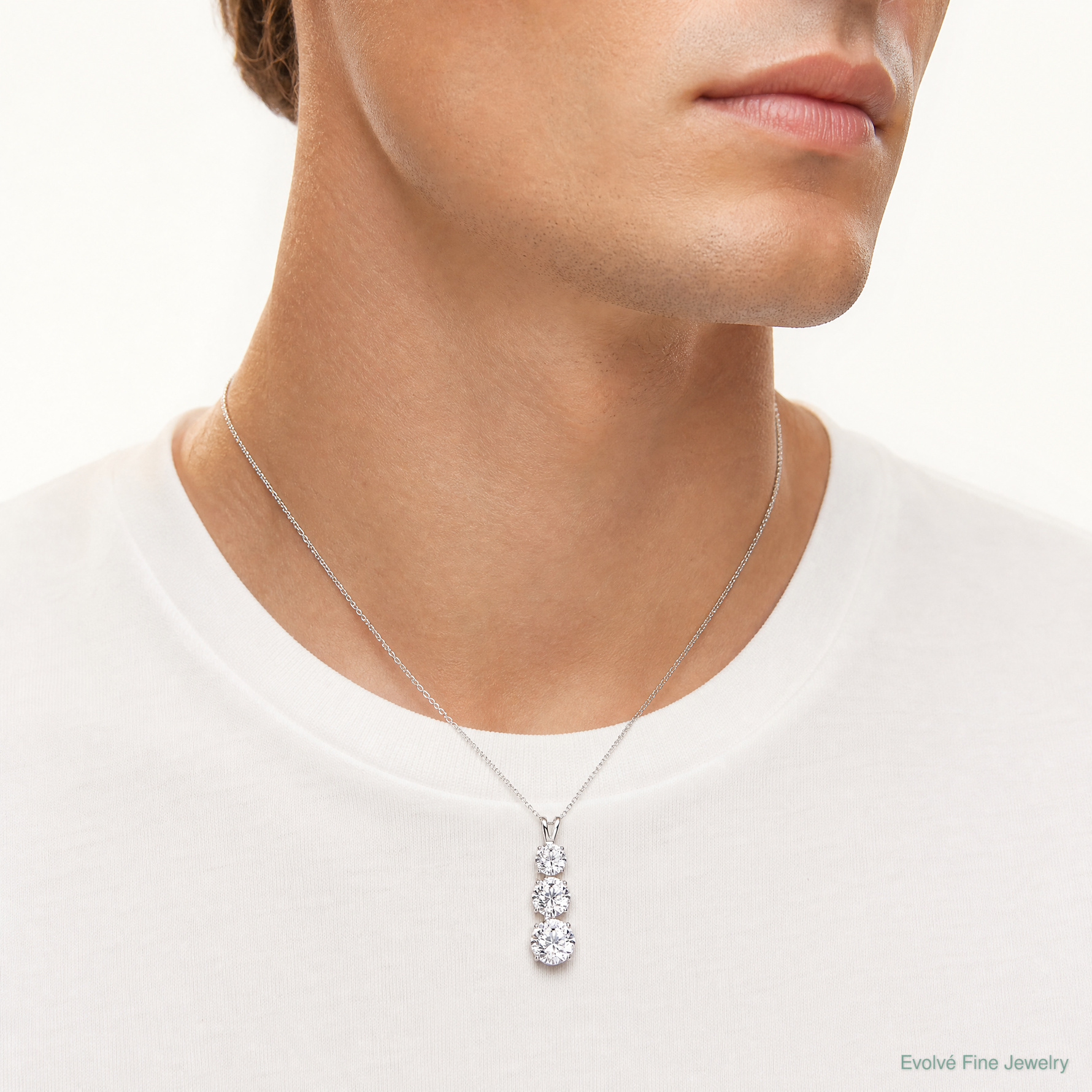 Sterling Silver Rhodium-plated Polished CZ Round Shaped 3 Stone Pendant - Model Shot