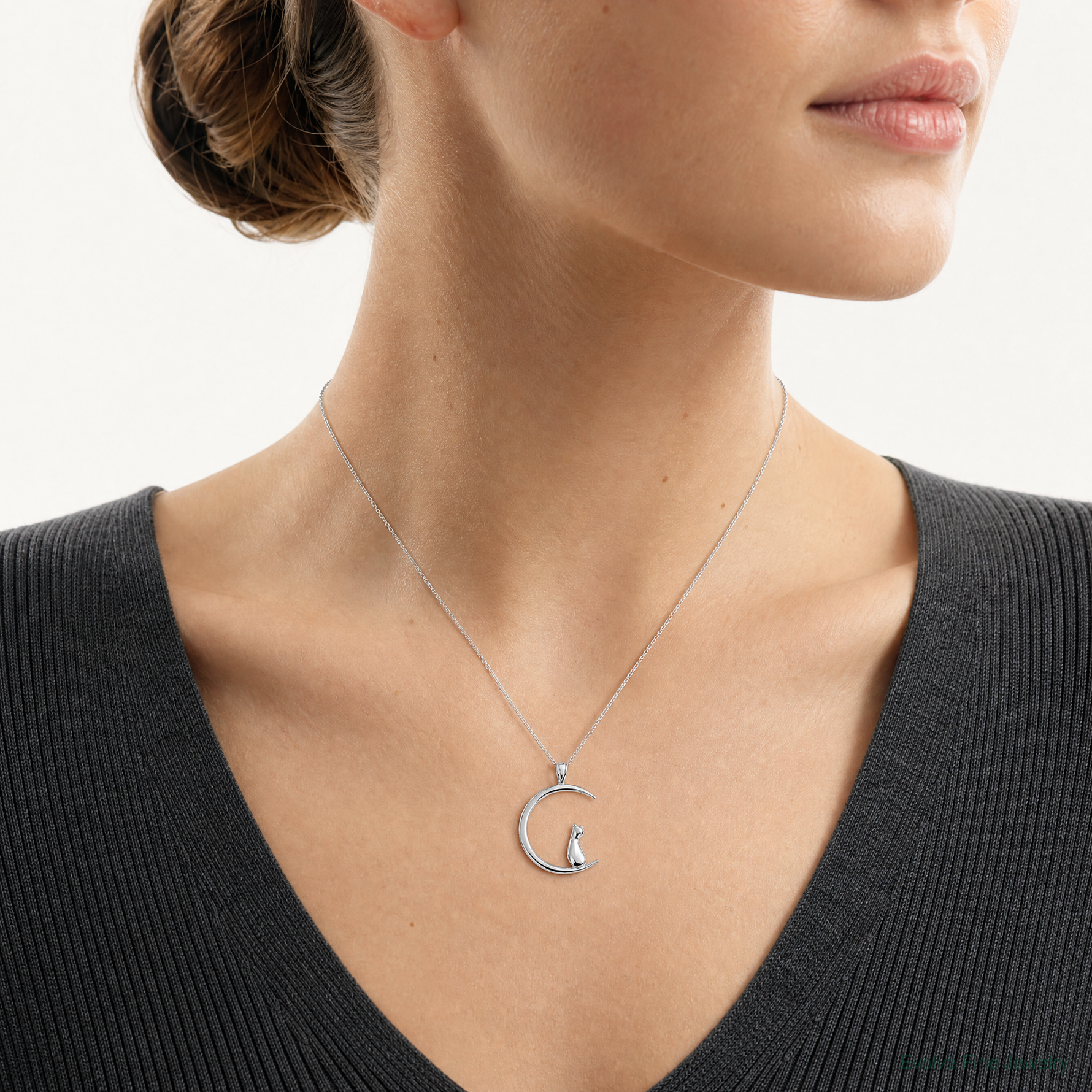 Sterling Silver Rhodium-plated Cat On Moon Pendant - Model Shot
