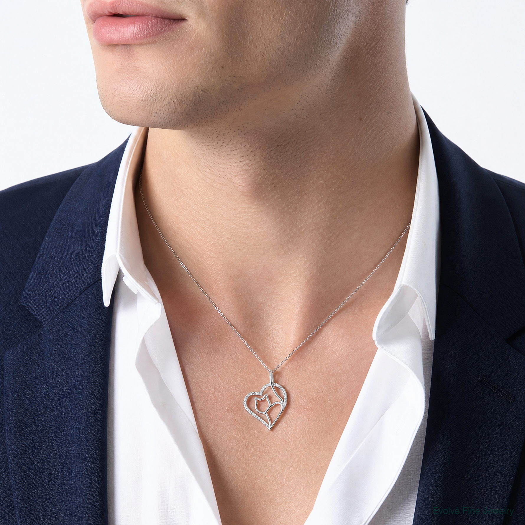 Sterling Silver Rhodium-plated CZ Heart with Cat Silhouette Pendant - Model Shot