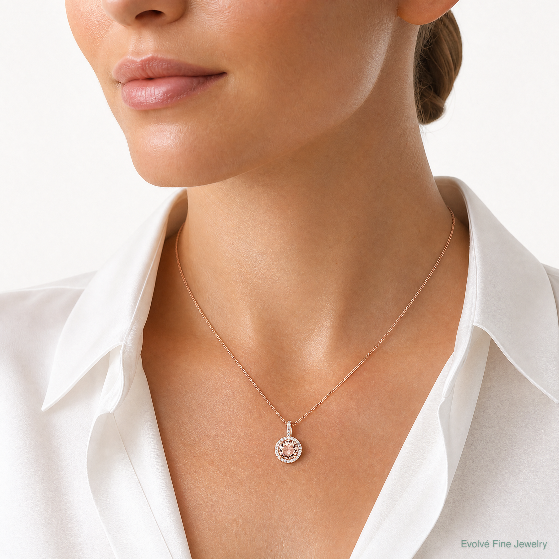 Sterling Silver Rose-tone / CZ Round Halo Pendant - Model Shot