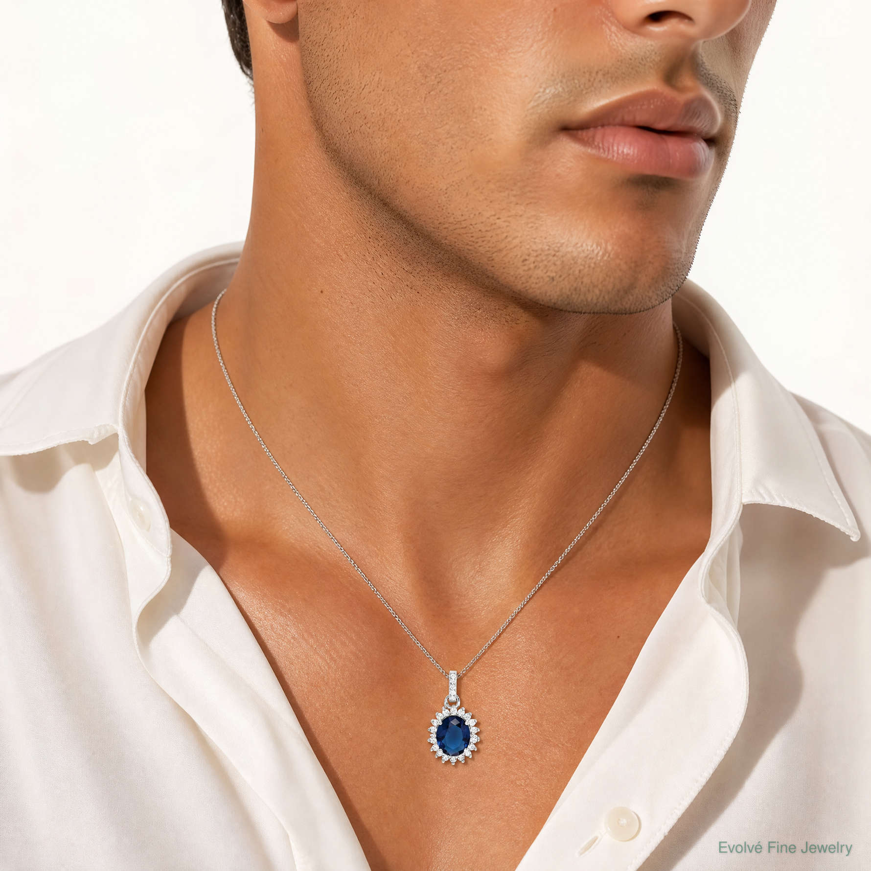 Sterling Silver Rhodium-plated Blue and Clear CZ Pendant - Model Shot