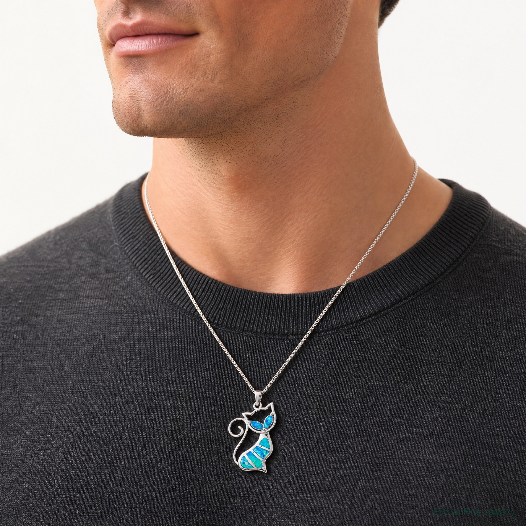 Sterling Silver Rhodium-plated Created Opal Cat Pendant - Model Shot