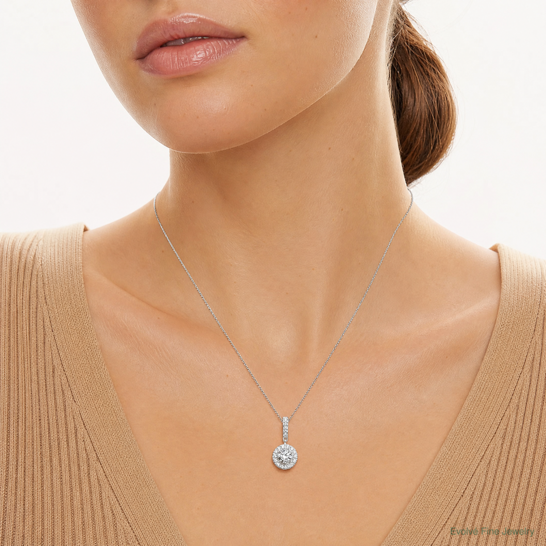 Sterling Silver CZ Halo Dangle Pendant - Model Shot