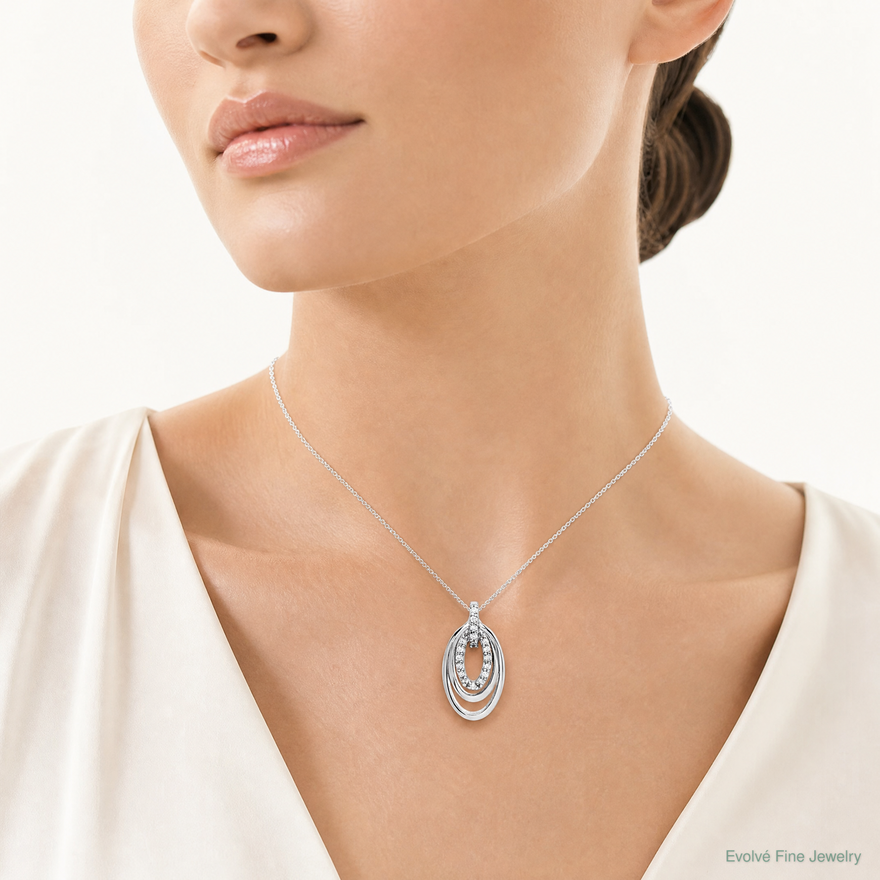 Sterling Silver Rhodium-plated CZ 3-Oval Chain Slide - Model Shot