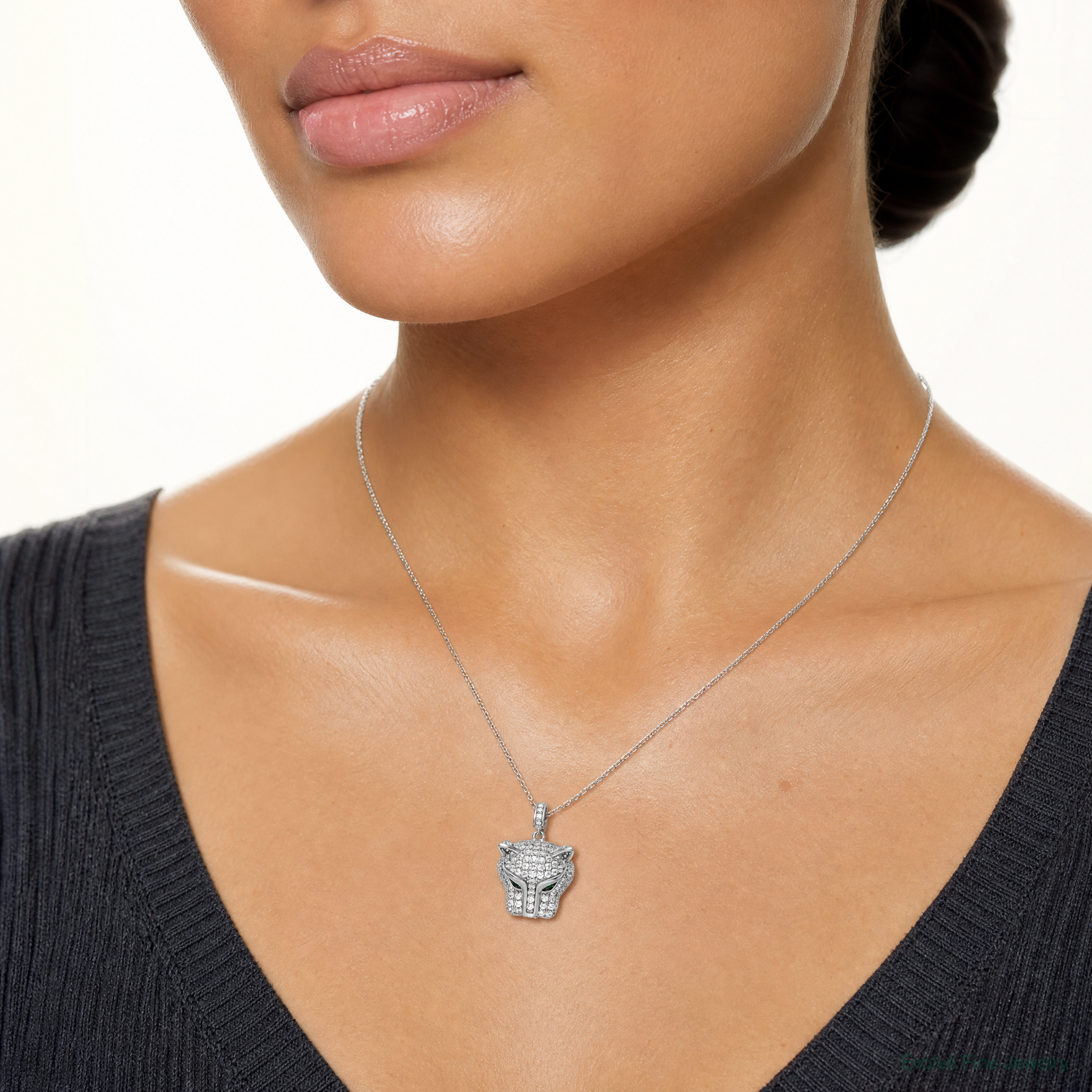 Sterling Silver Rhodium-plated Green & White CZ Panther Pendant - Model Shot