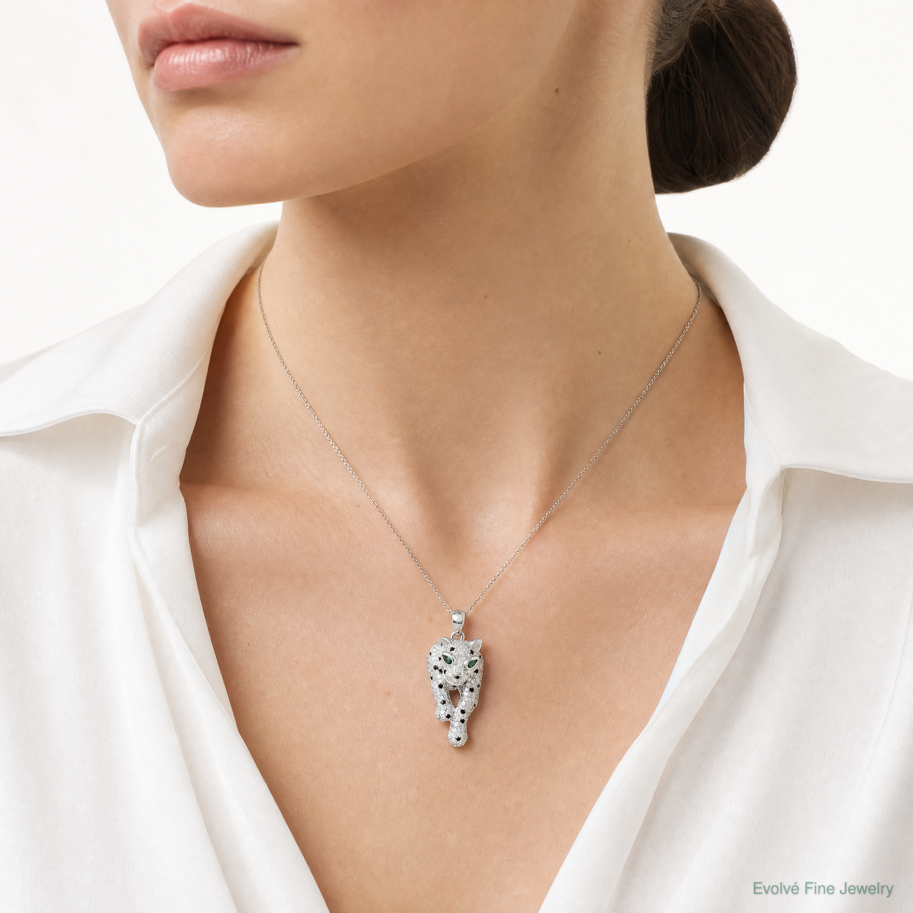 Sterling Silver Blk/White Rhodium-plated Polished CZ Cheetah Pendant - Model Shot