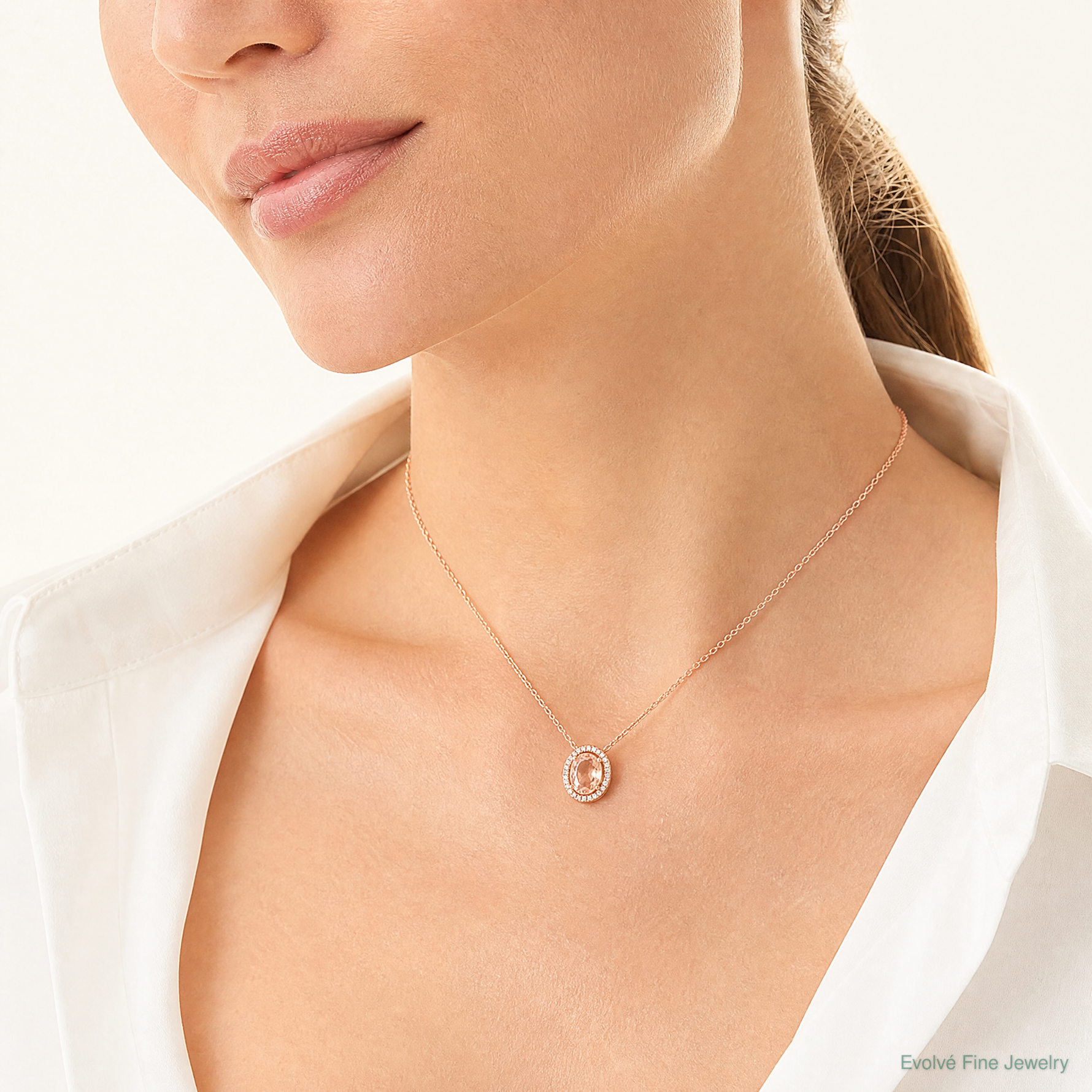 Sterling Silver Rose-tone Polished Pink & White CZ Oval Chain Slide - Model Shot