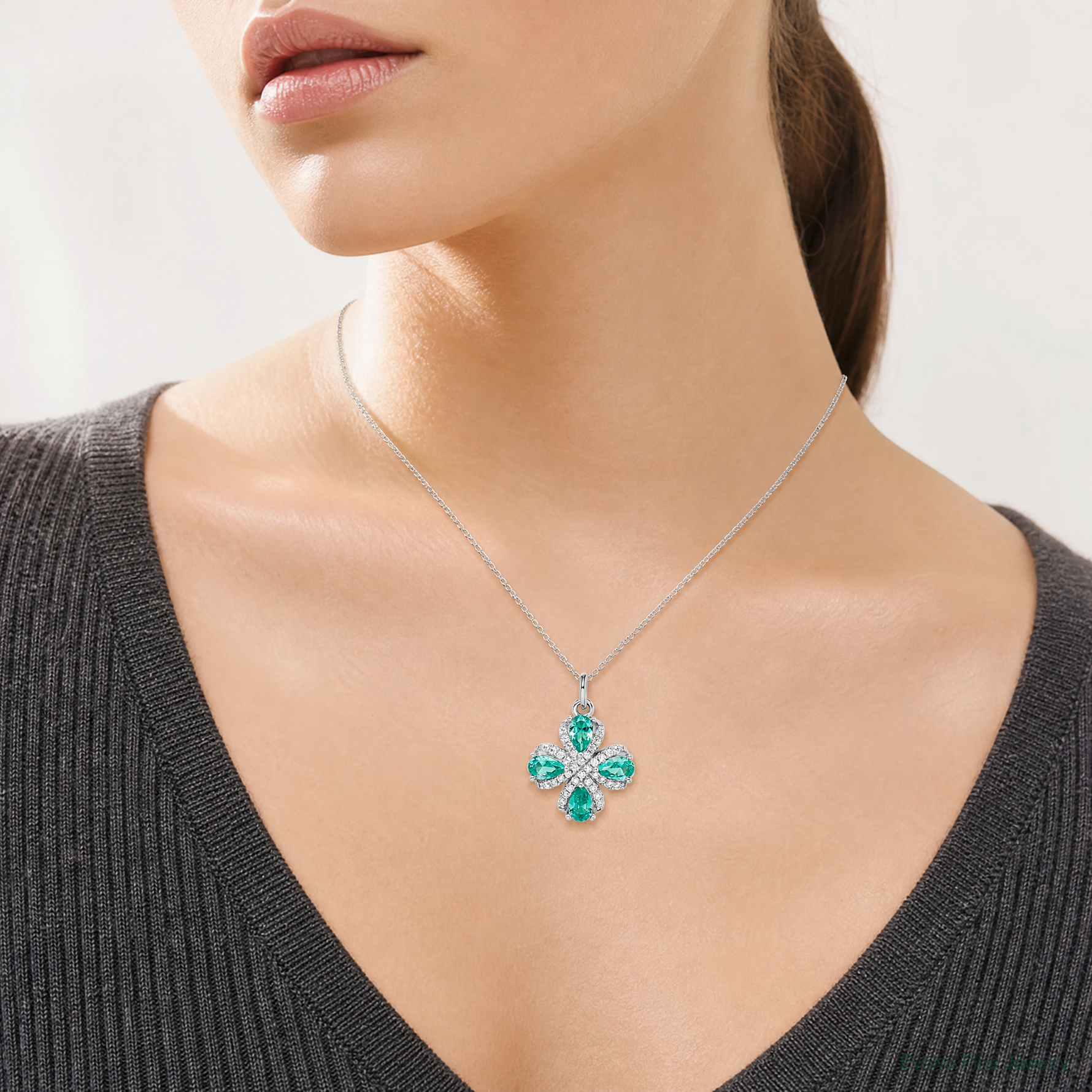 Sterling Silver Rhodium plated Teal & White CZ Pendant - Model Shot