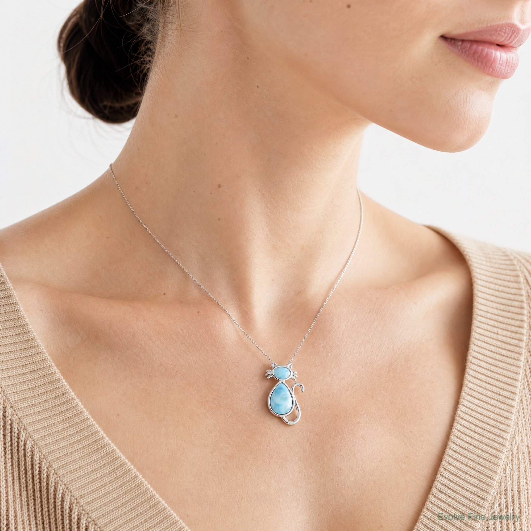 Sterling Silver Rhodium-plated Polished Larimar Cat Chain Slide - Model Shot