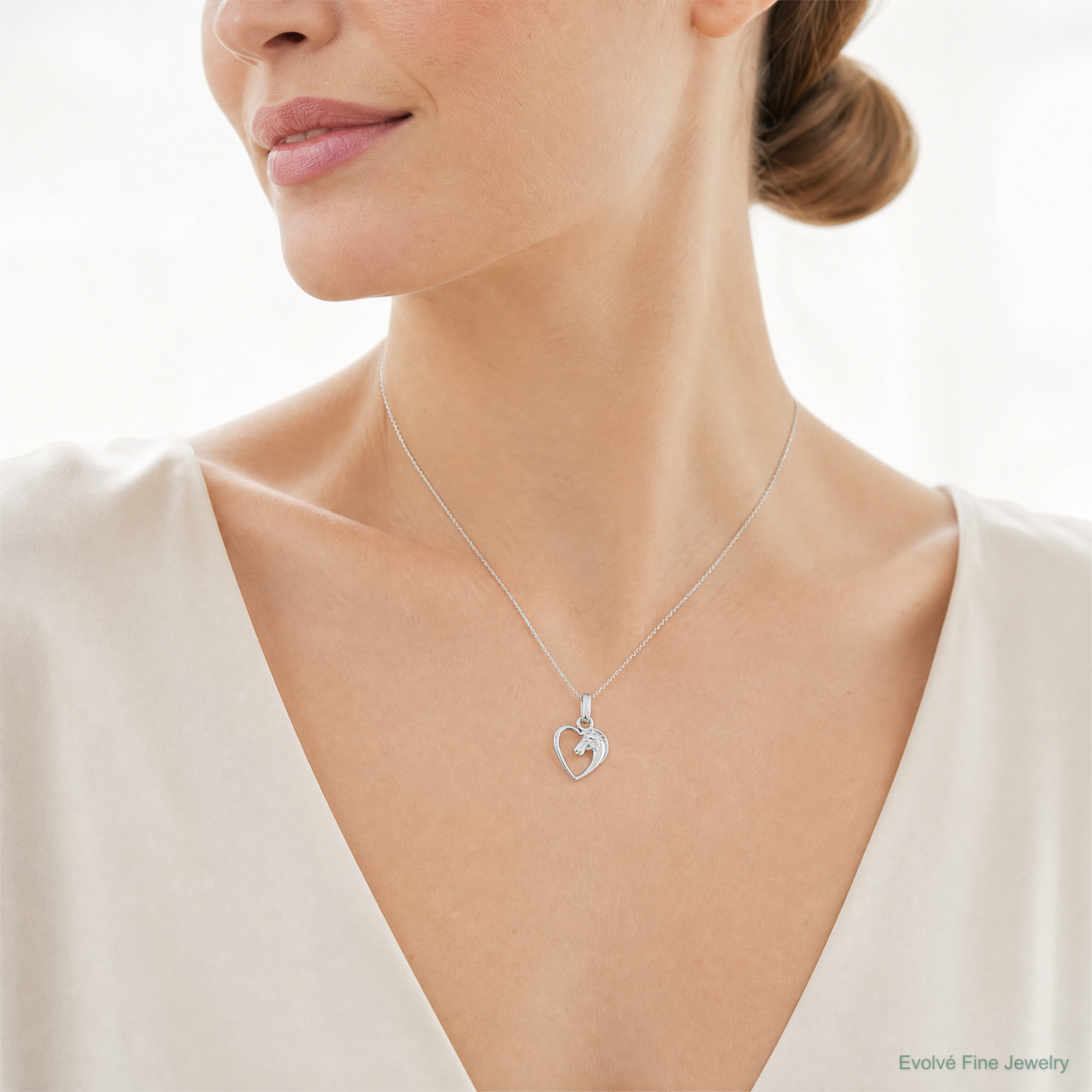 Sterling Silver Rhodium-plated Open Heart Horse Head Pendant - Model Shot