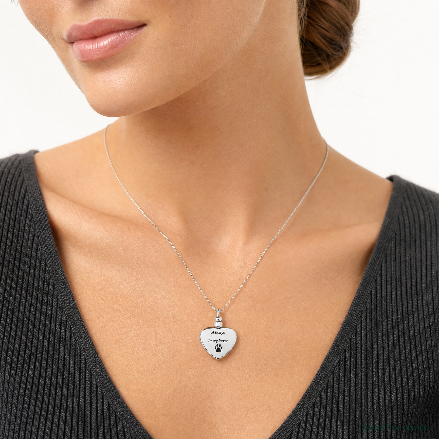 Sterling Silver Rh-plated Enamel Heart with Paw Print Ash Holder Pendant - Model Shot