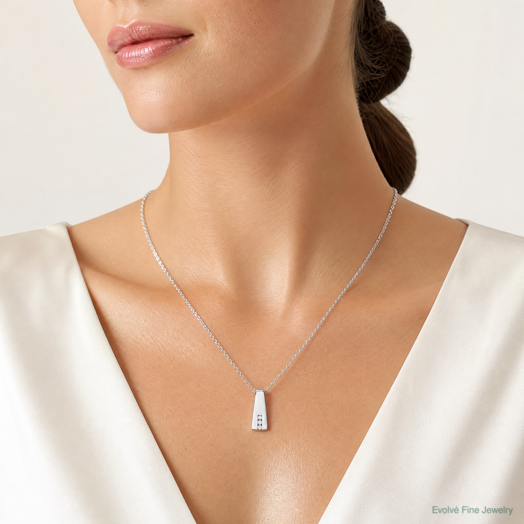 Sterling Silver Rhodium-plated CZ Chain Slide Pendant - Model Shot